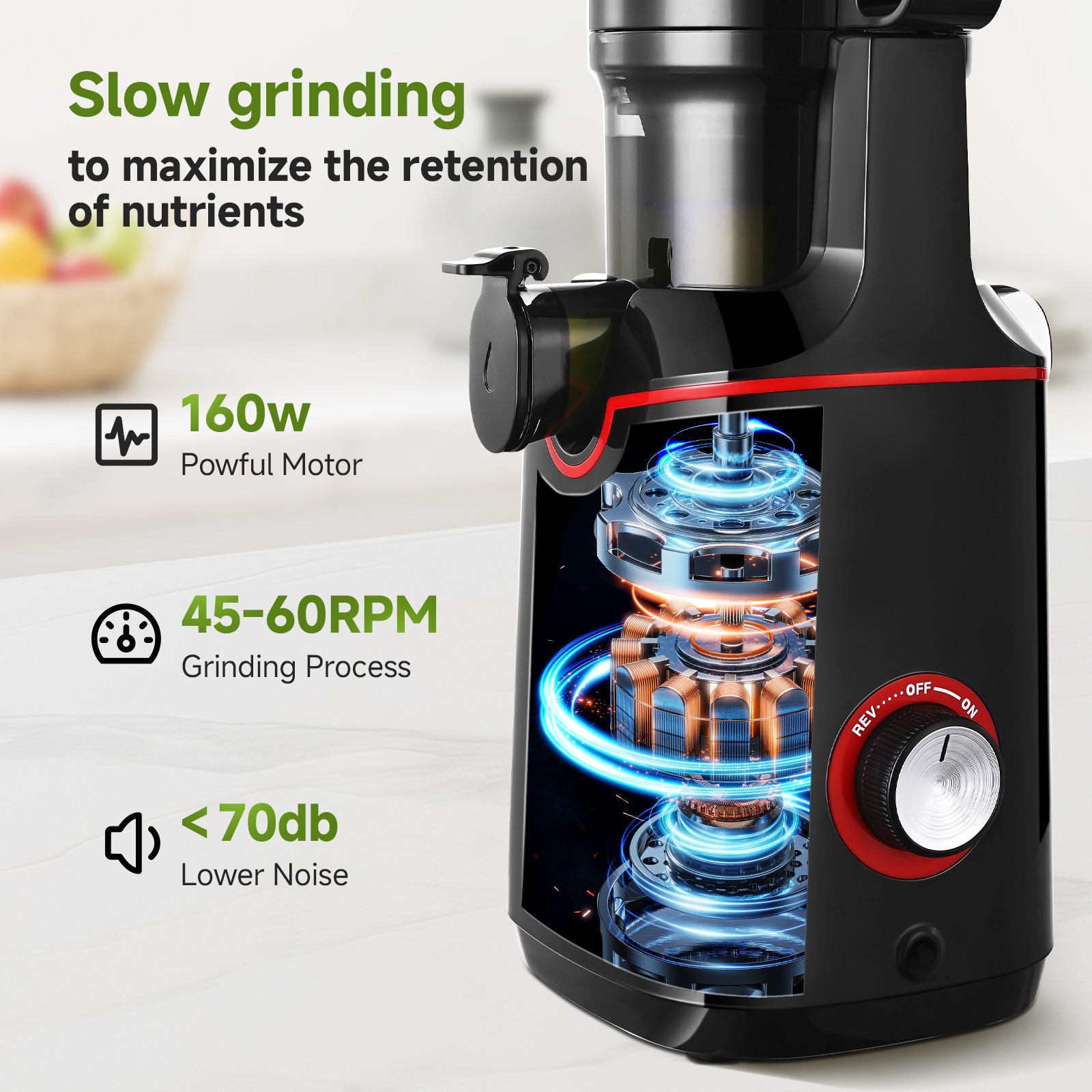 AMZCHEF Slow Juicer Machine, High Juicing Rate, Quiet Motor with Rever.