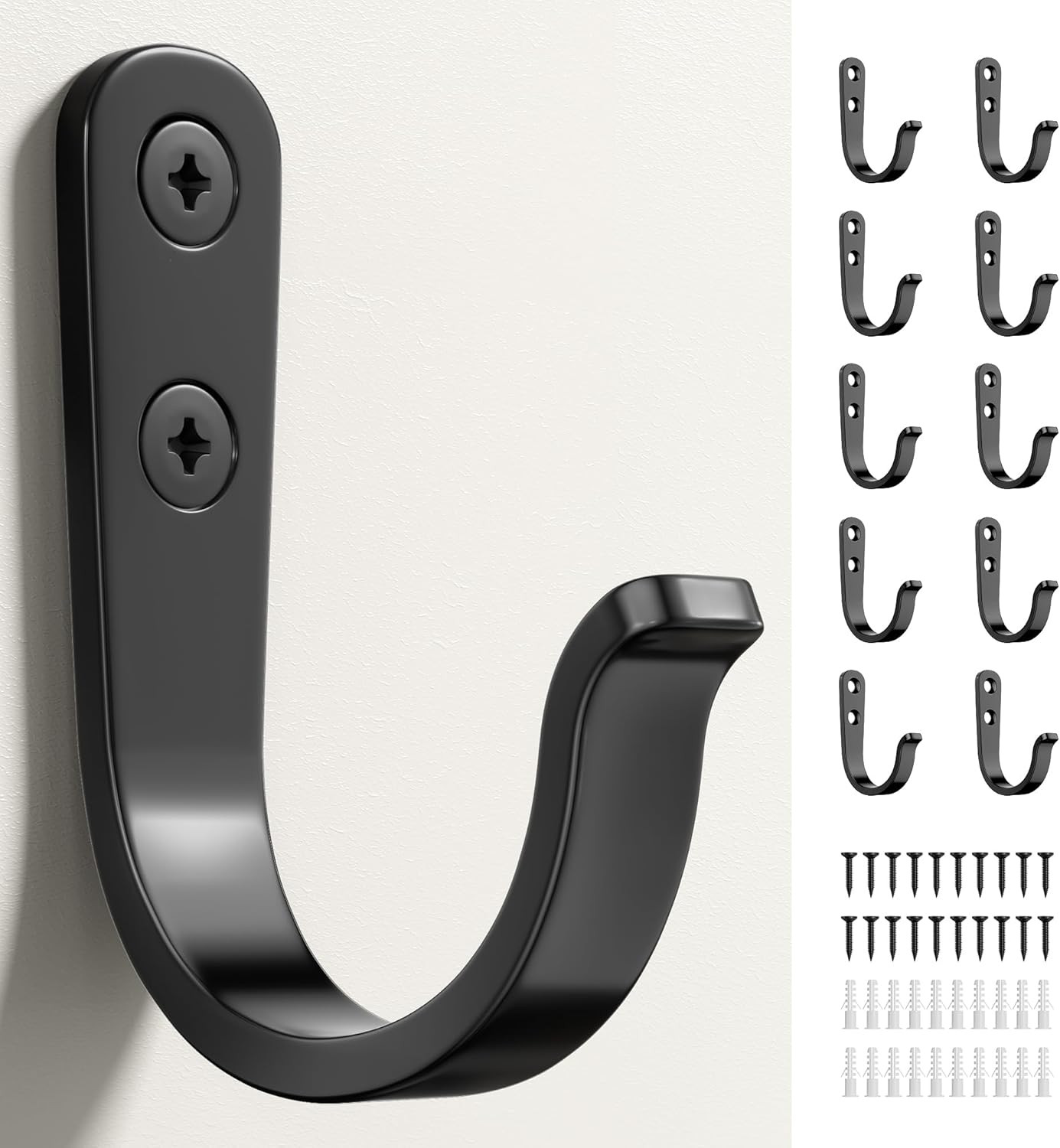 10Pcs Wall Hooks, Black Metal Coat and Towel Hooks, Holds up to 40 Lbs | for Bat
