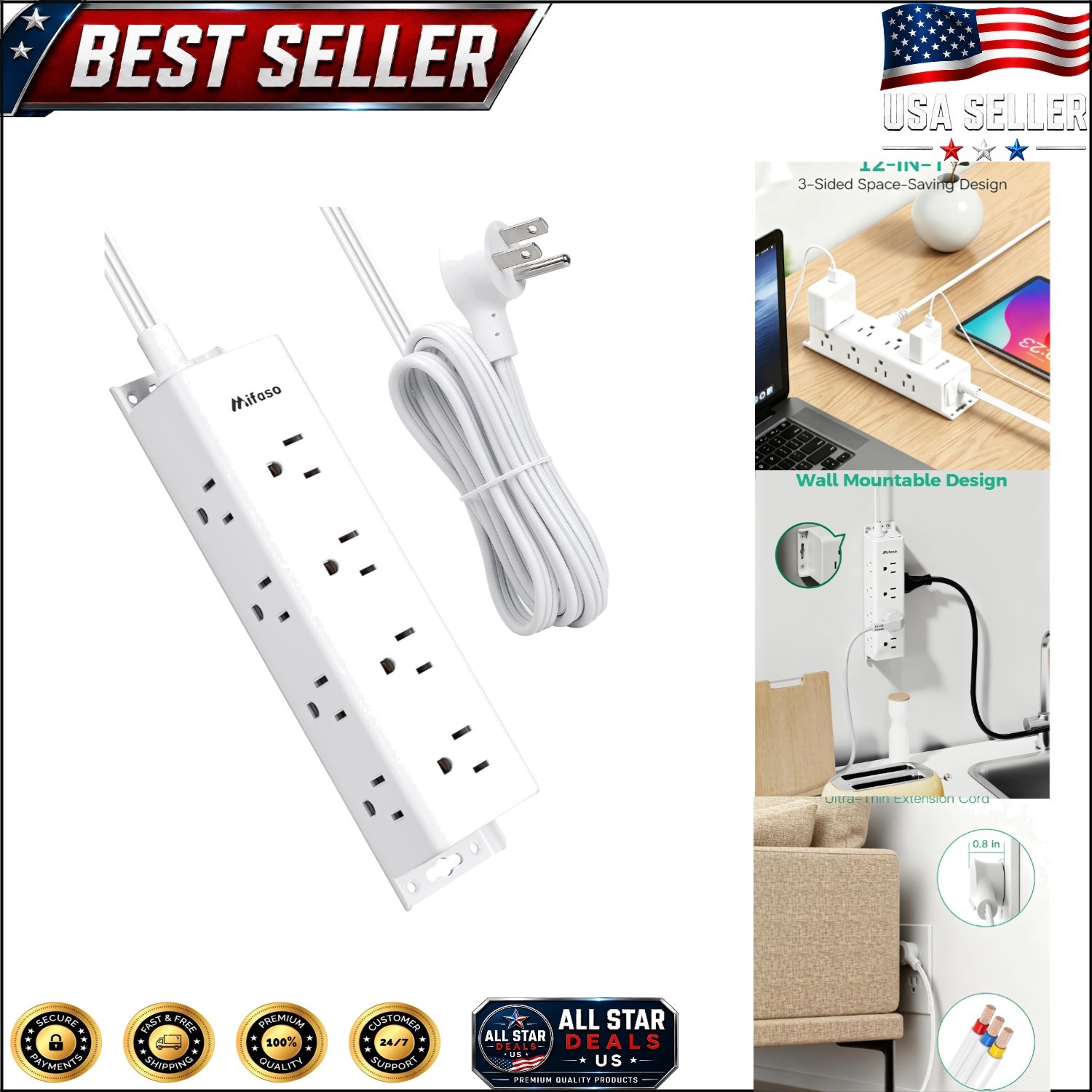 Compact 12-Outlet Surge Protector Power Strip with Flat Plug & Easy Wall Mount