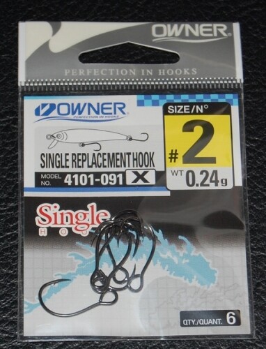 6 Pack Owner Single Replacement Hooks X-Strong Size 2 4101-091 Black Chrome