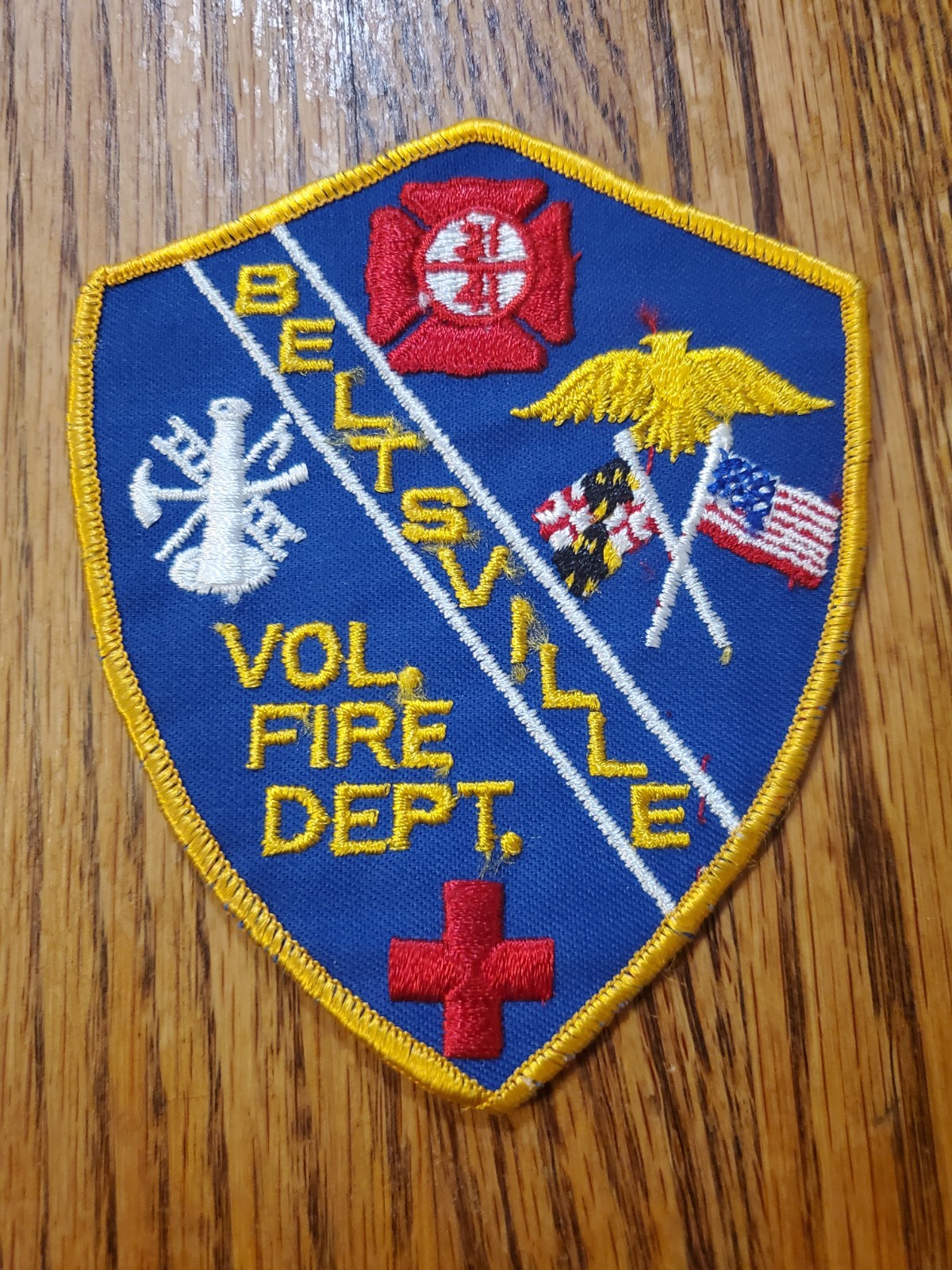 Vintage embroidered patch for the Beltsville Volunteer Fire Department.