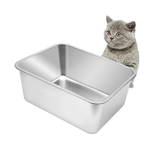 Stainless Steel Cat Litter Box High Sides Non-Stick Easy Clean 17.5x13.5x7.9-In