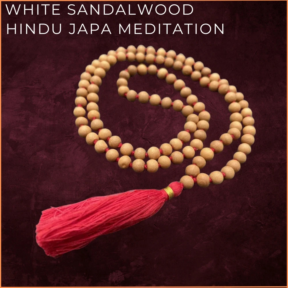 White Sandalwood Mala 108 + 1 Beads Hindu Japa Meditation Yoga Rosary Necklace