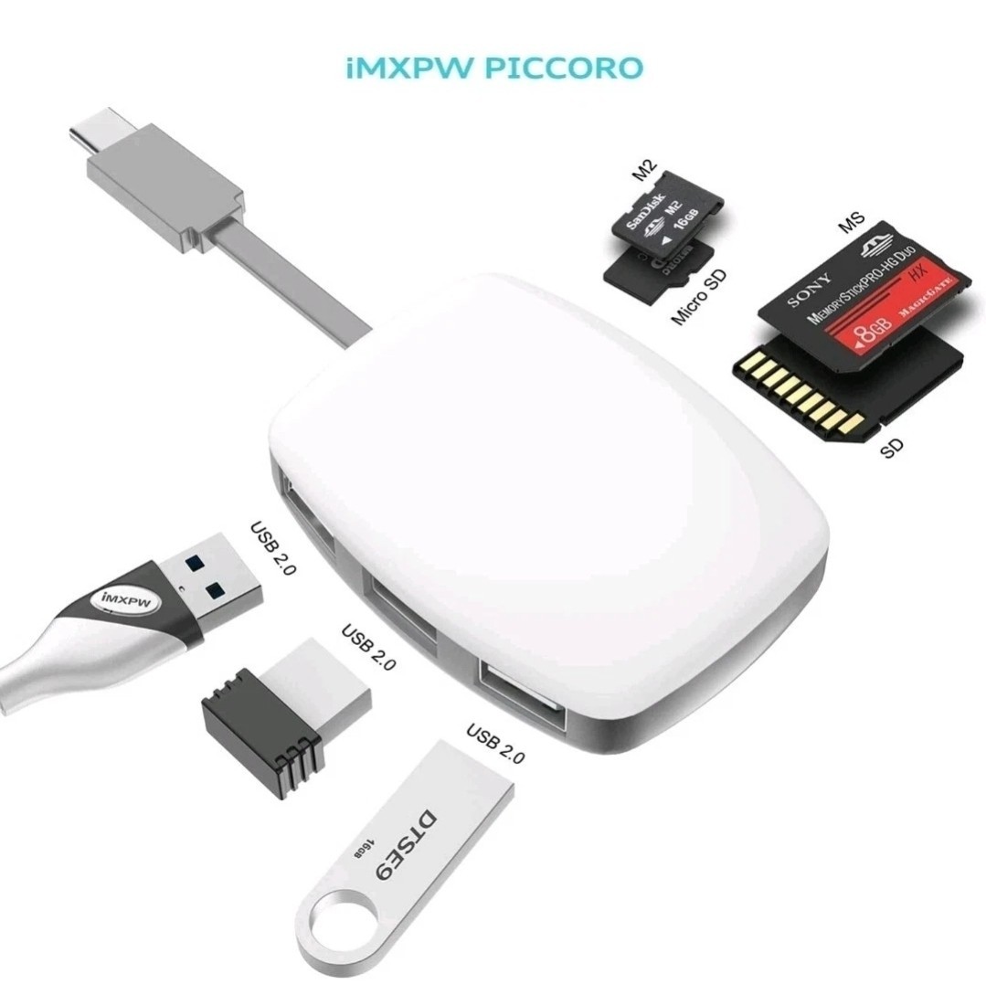 Memory Card Reader, 7 in 1 Type-C Multi-Card Reader with 3 Ports USB2.0 and 4 Po