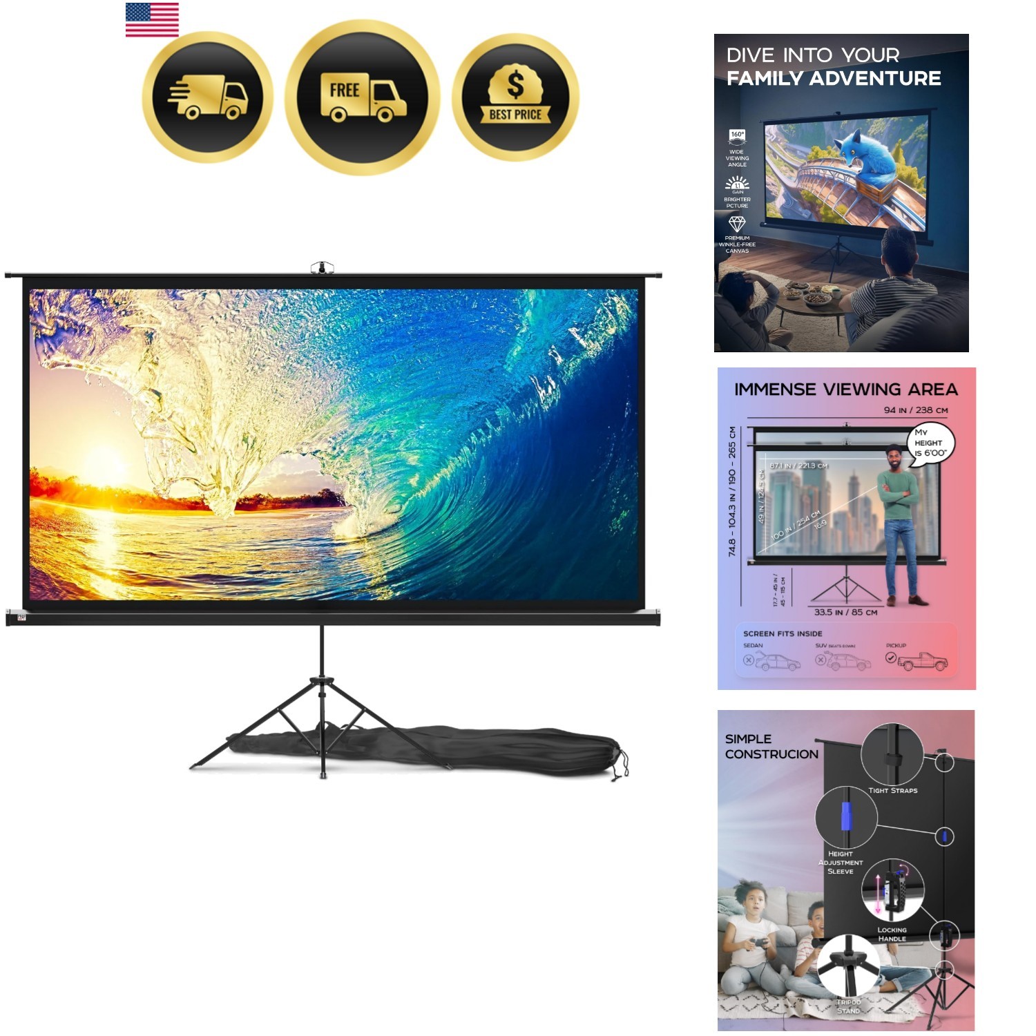 Indoor Outdoor Projector Screen 100 Inch HD Folding Tripod Stand for Movies