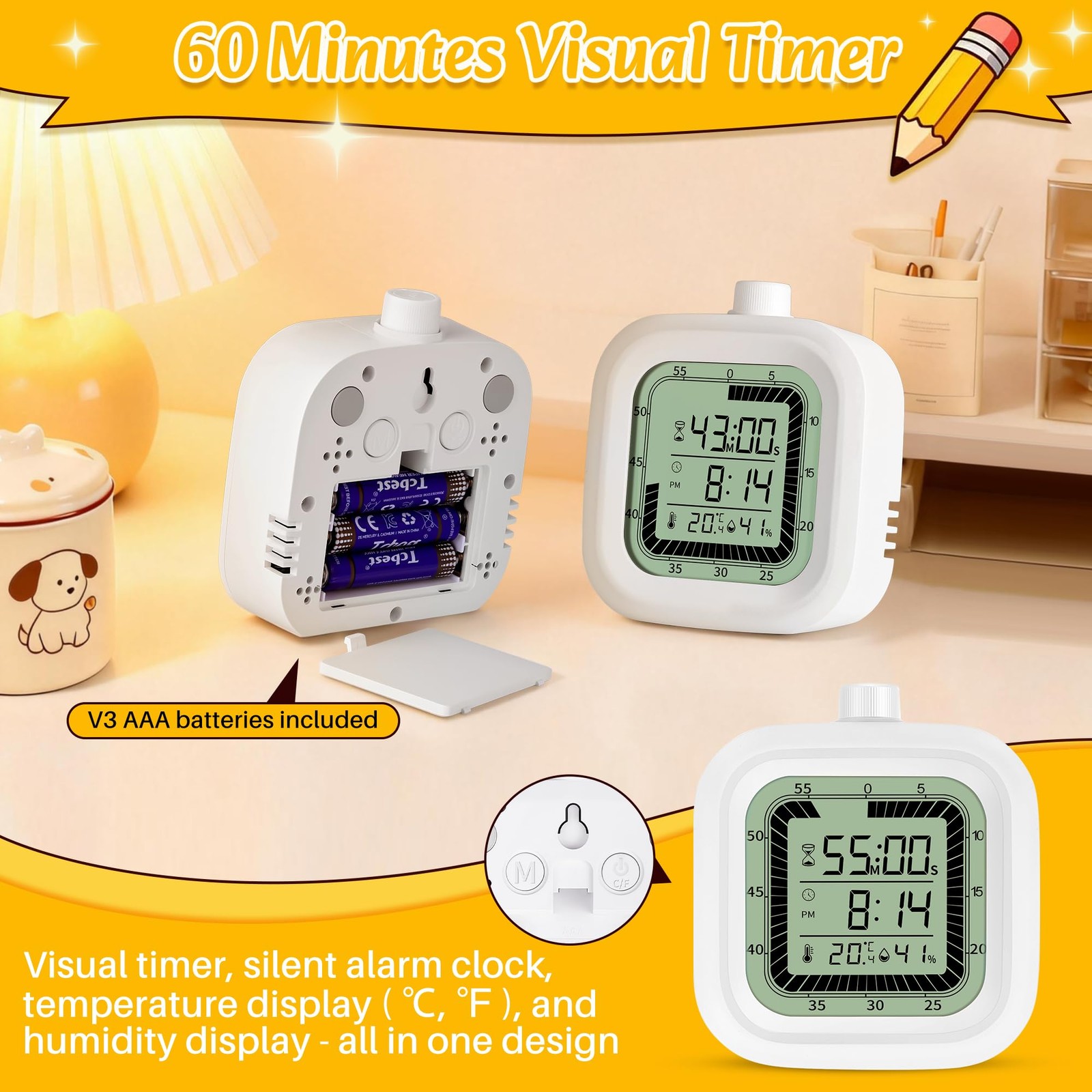 Visual Timer, 60 Minutes Countdown & Countup Timer, Digital Alarm Clock with ...