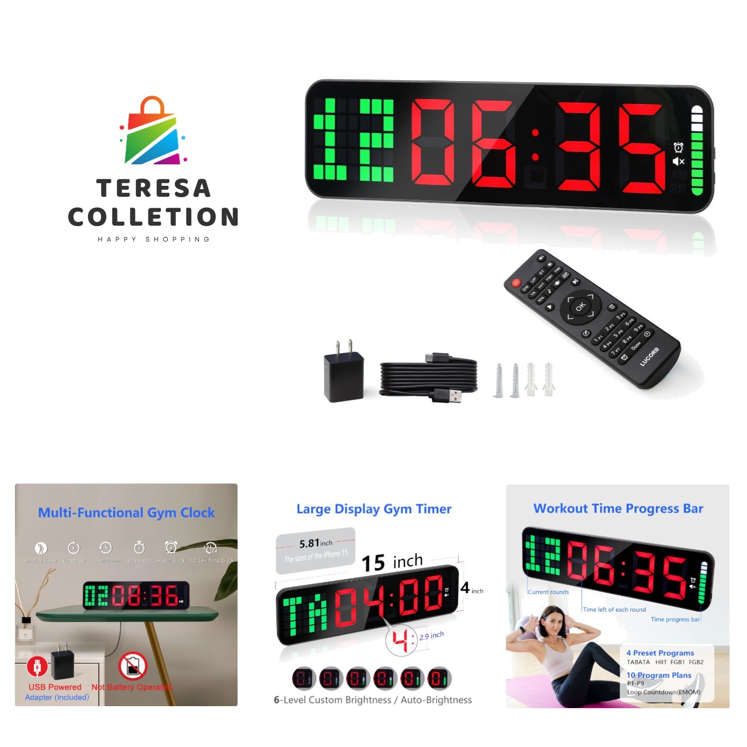 Large 15-Inch Digital Gym Timer with Remote Control & Interval Progress Bar