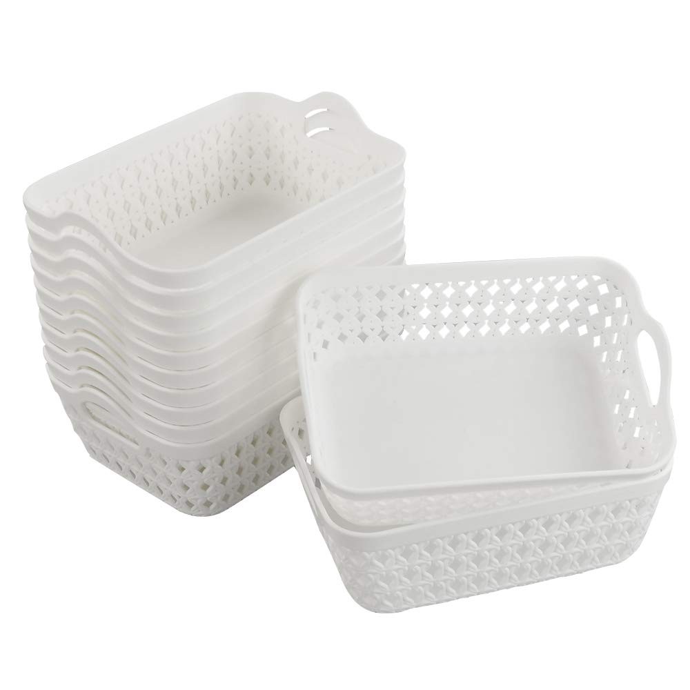 12pack White Plastic Woven Storage Basket Tray With Handle mini