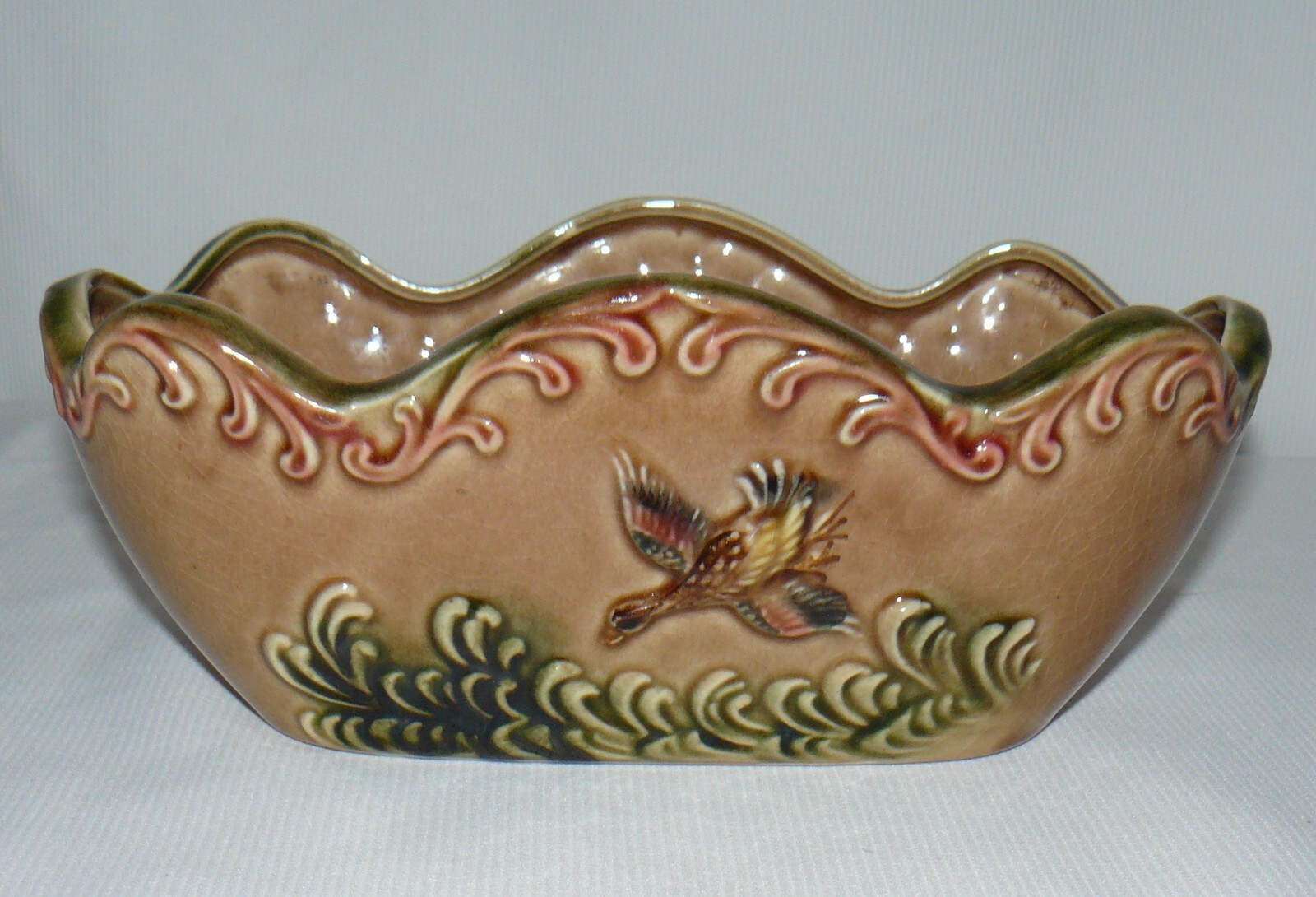 Vintage Square Oval Ruffle 9" Long Planter Crackle Ceramic Ducks In Flight