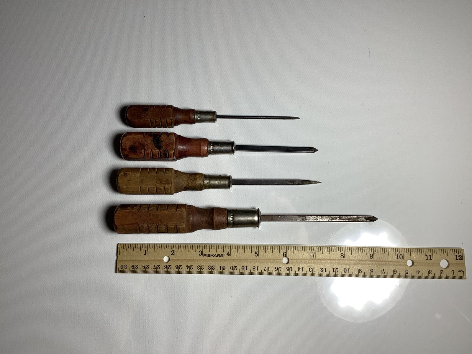 Set Of 4 Vintage Screwdrivers, Wood Handle