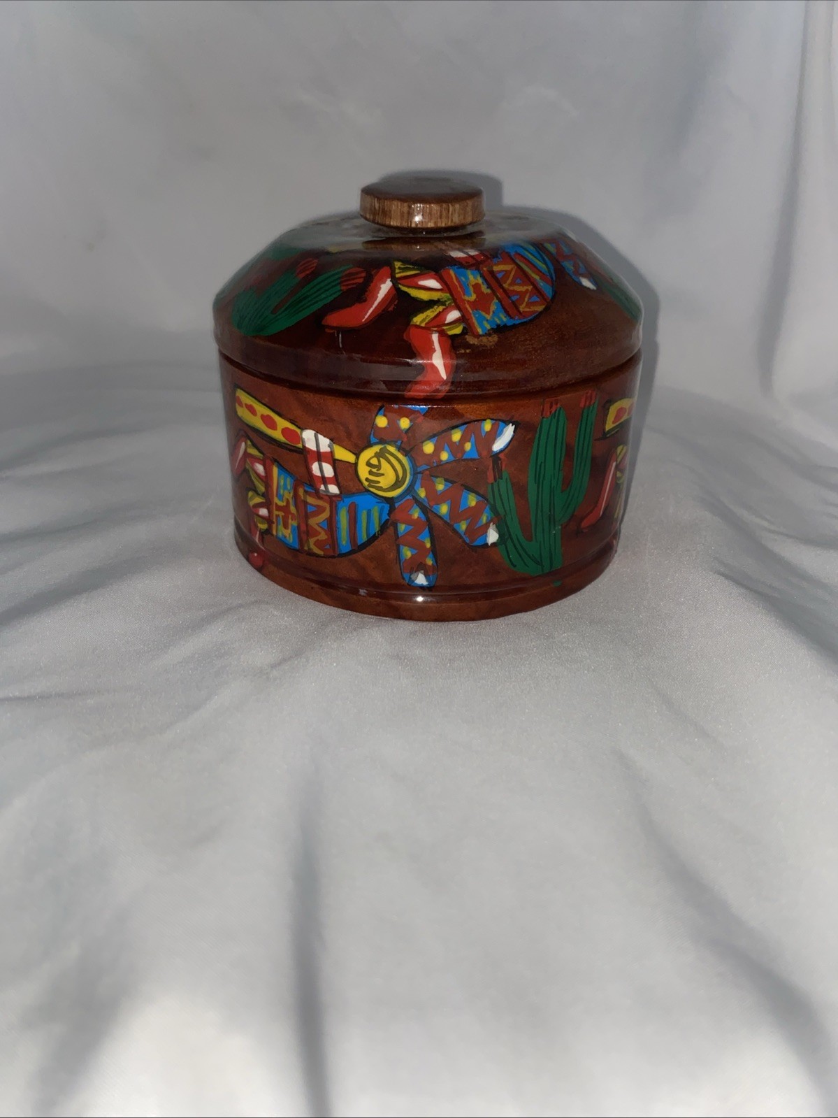 Wood Kokopelli Trinket Box  3 1/2 In X 3 1/2 In  Hand Painted Unsigned Nice Art