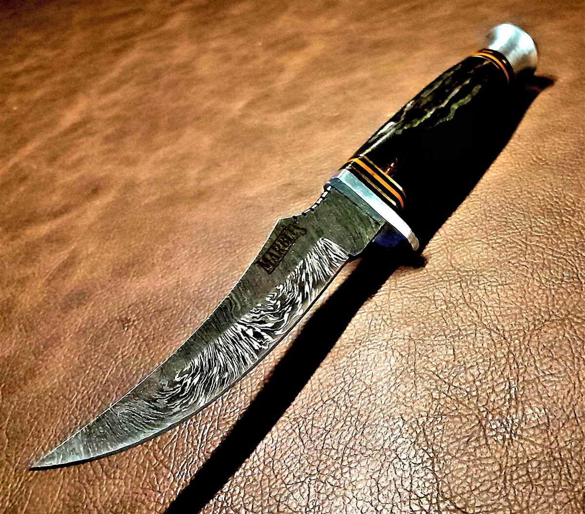 Real Damascus 9" Hunter Skinner Knife w/Bone Handle, Leather Sheath