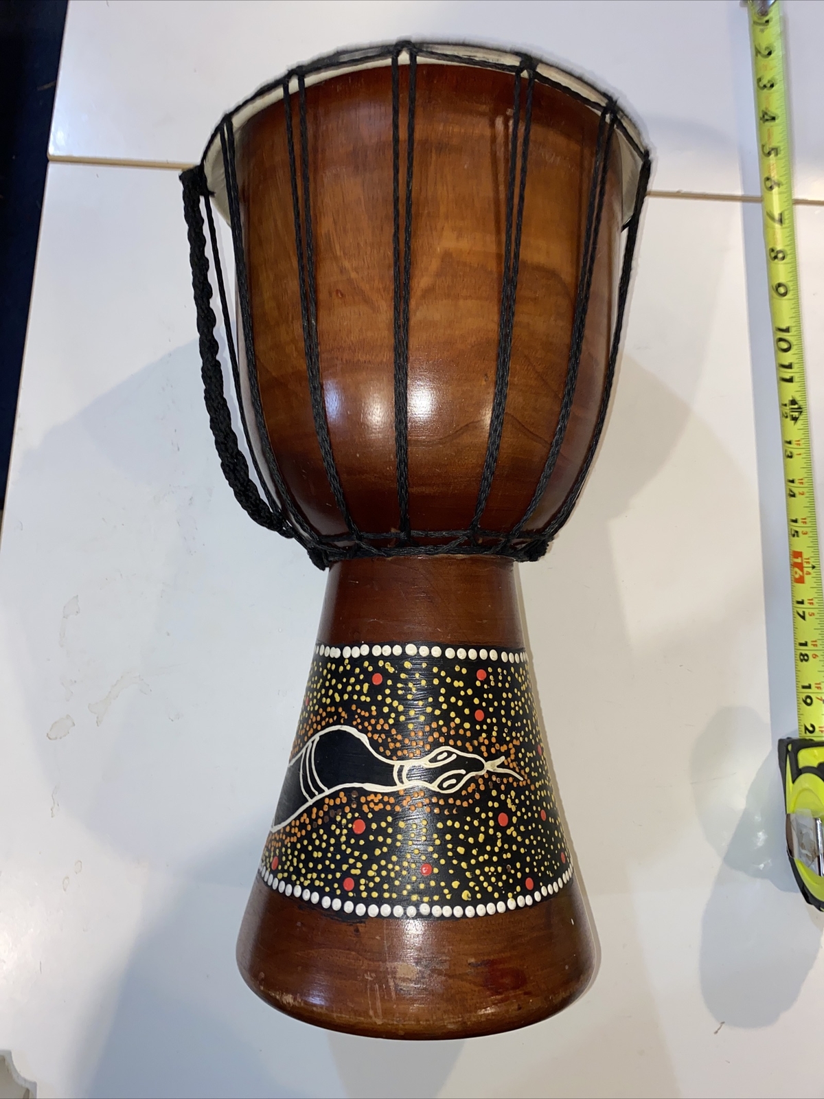 Hand Carved Djembe Solid Wood Hand Painted Python, Carrying Strap, Great Sound