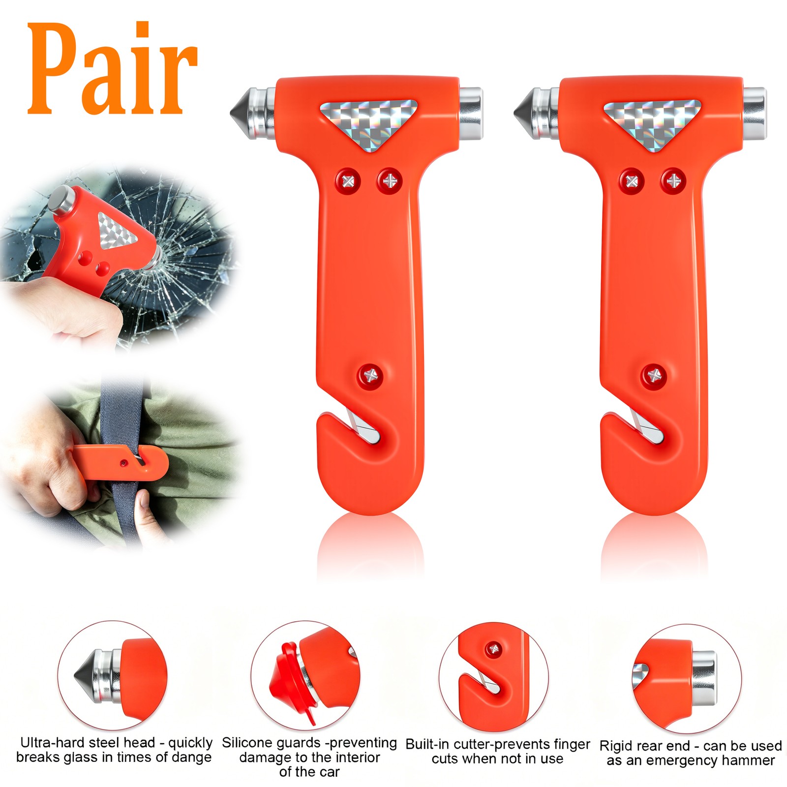 CarSafety Hammer Emergency Escape Window Glass Breaker Seat Belt Rescue Gear 2pc