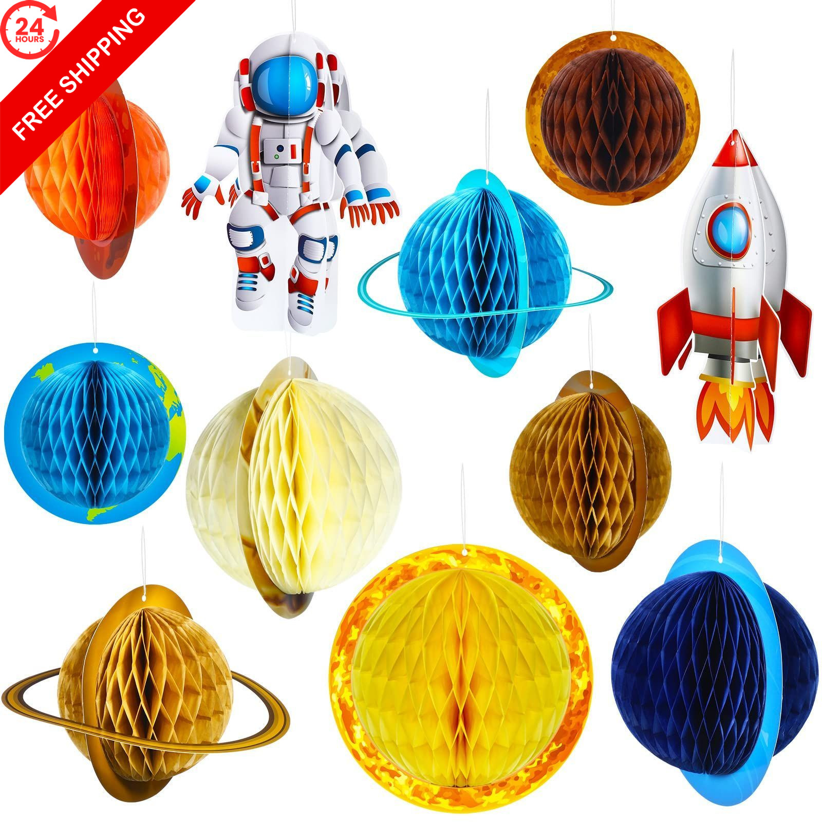 11 Pieces Outer Space Party Decorations Red, Yellow, Orange, Blue, Green