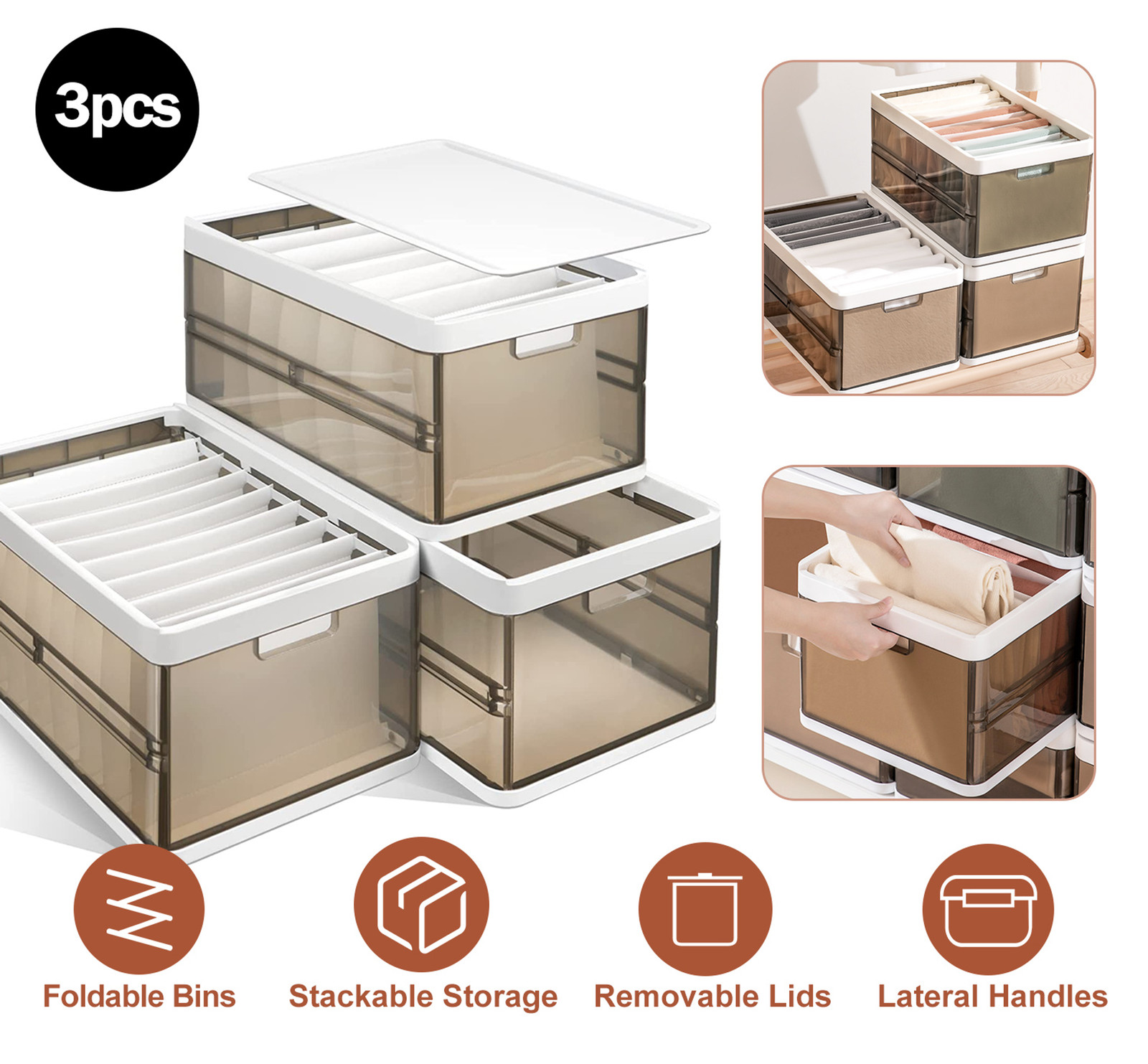 Foldable Storage Bins 3 Pack Collapsible Fabric Organizer Basket with Handles