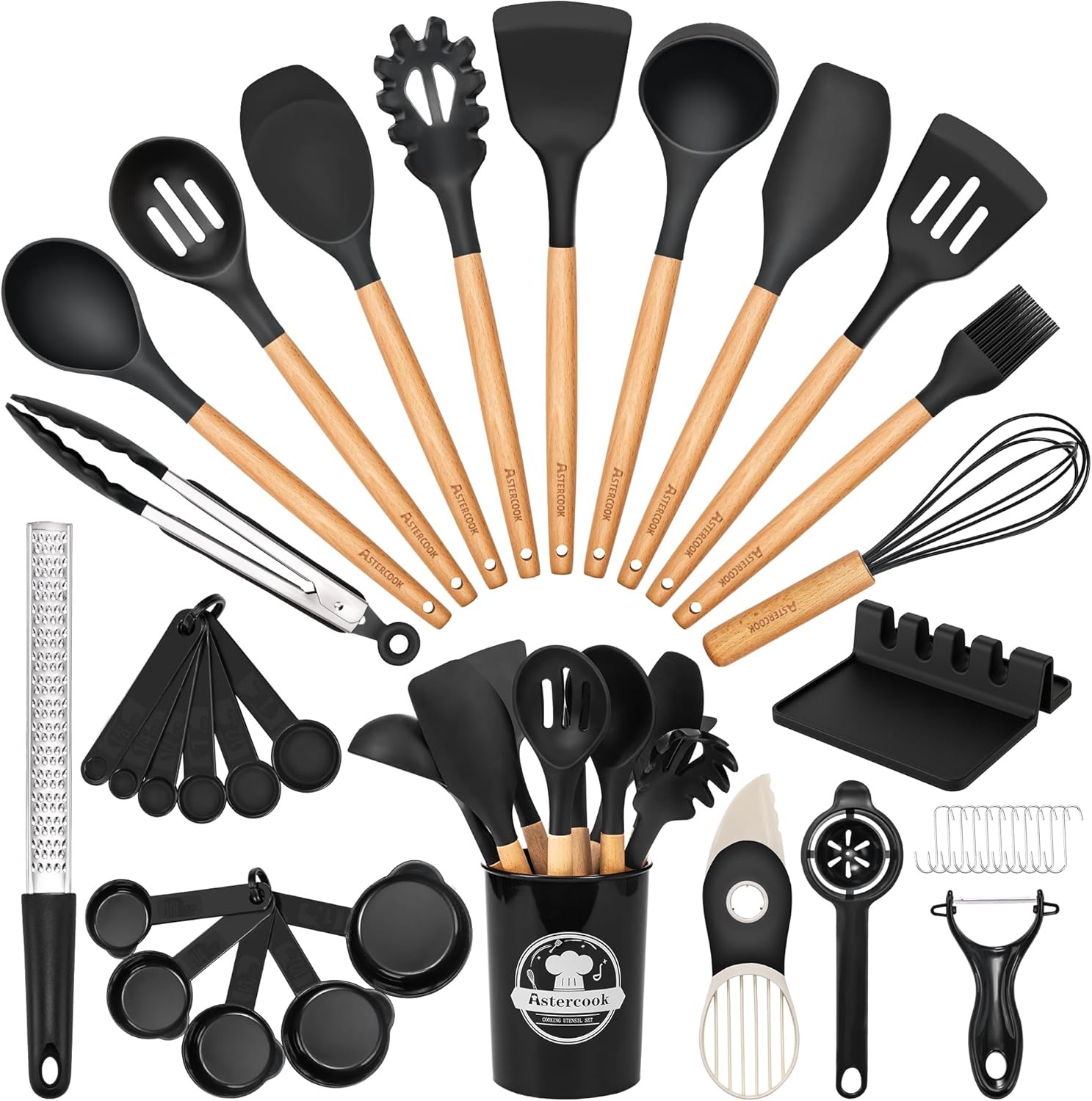 Astercook 39-Pc Silicone Utensil Set, Wooden Handle, Heat Resistant