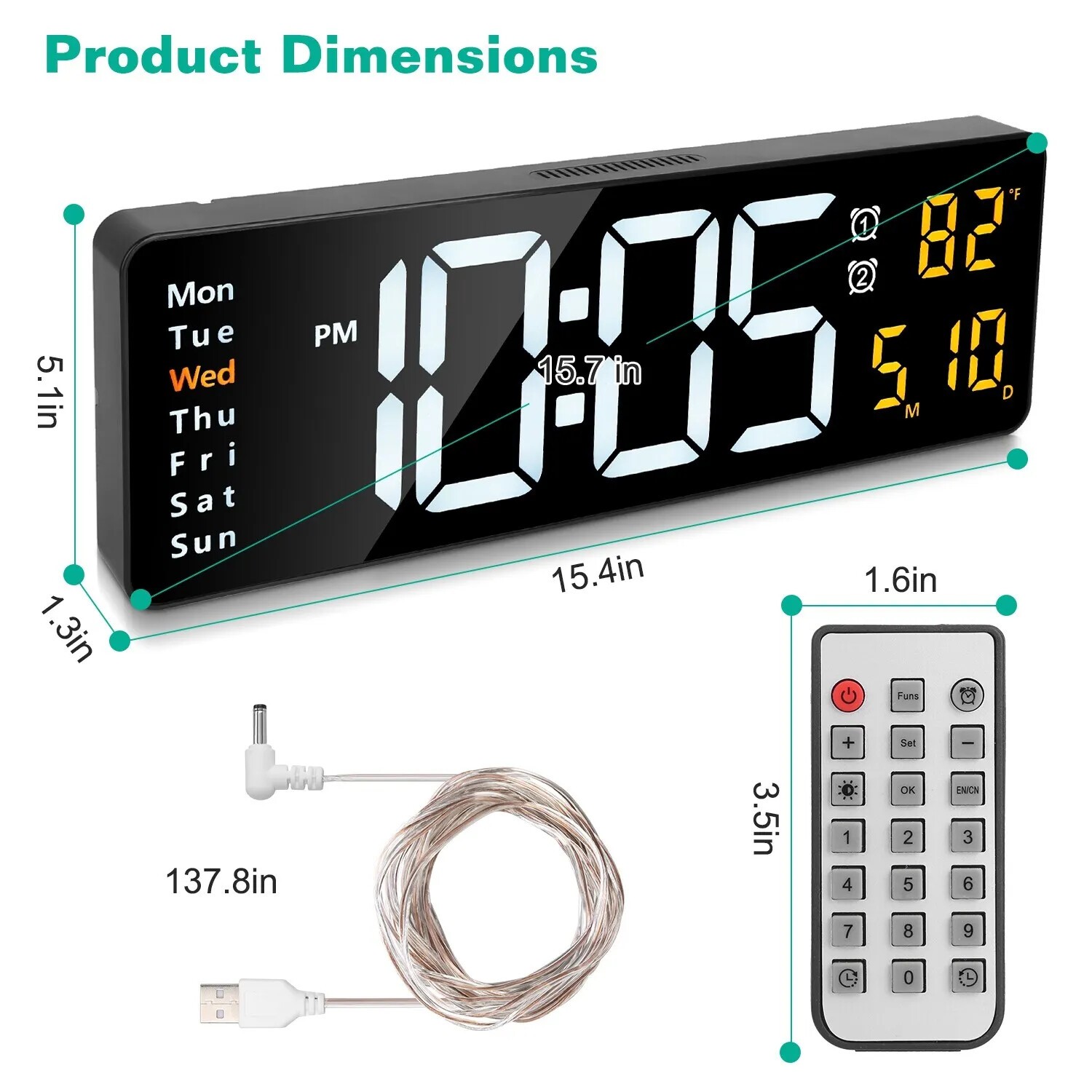 16" Large Digital Wall Clock with Remote, Large Display LED Wall Clock Timer USA