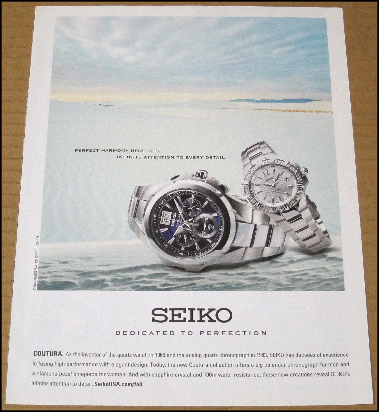 2010 Seiko Coutura Watch Print Ad Advertisement Dedicated To Perfection Vintage