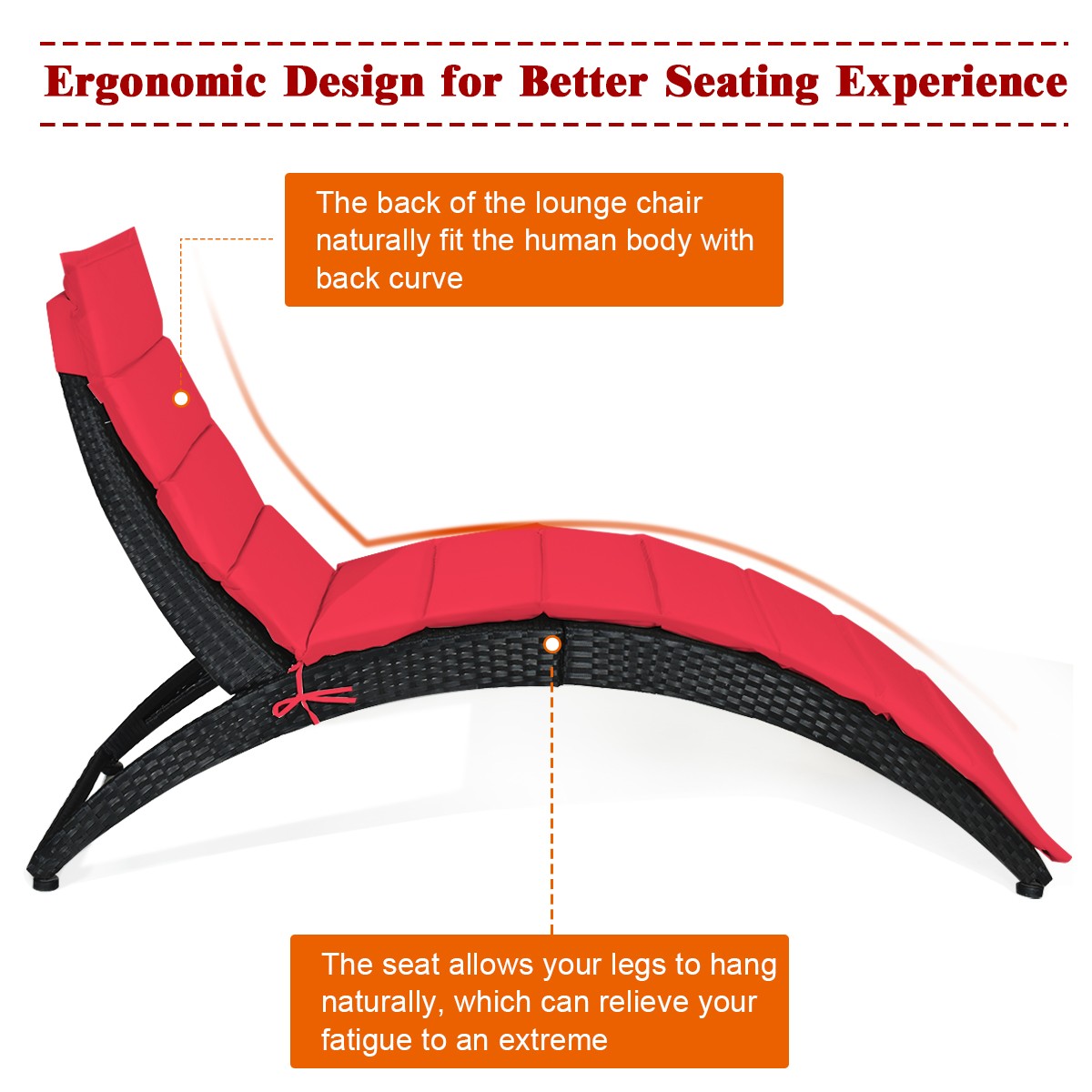 2PCS Folding Patio Rattan Lounge Chair Chaise Cushioned Portable Garden Lawn Red