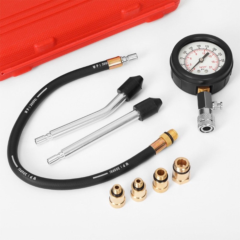 Engine Cylinder Compression Test Gauge Detector Kit Set Adapters and Pipes