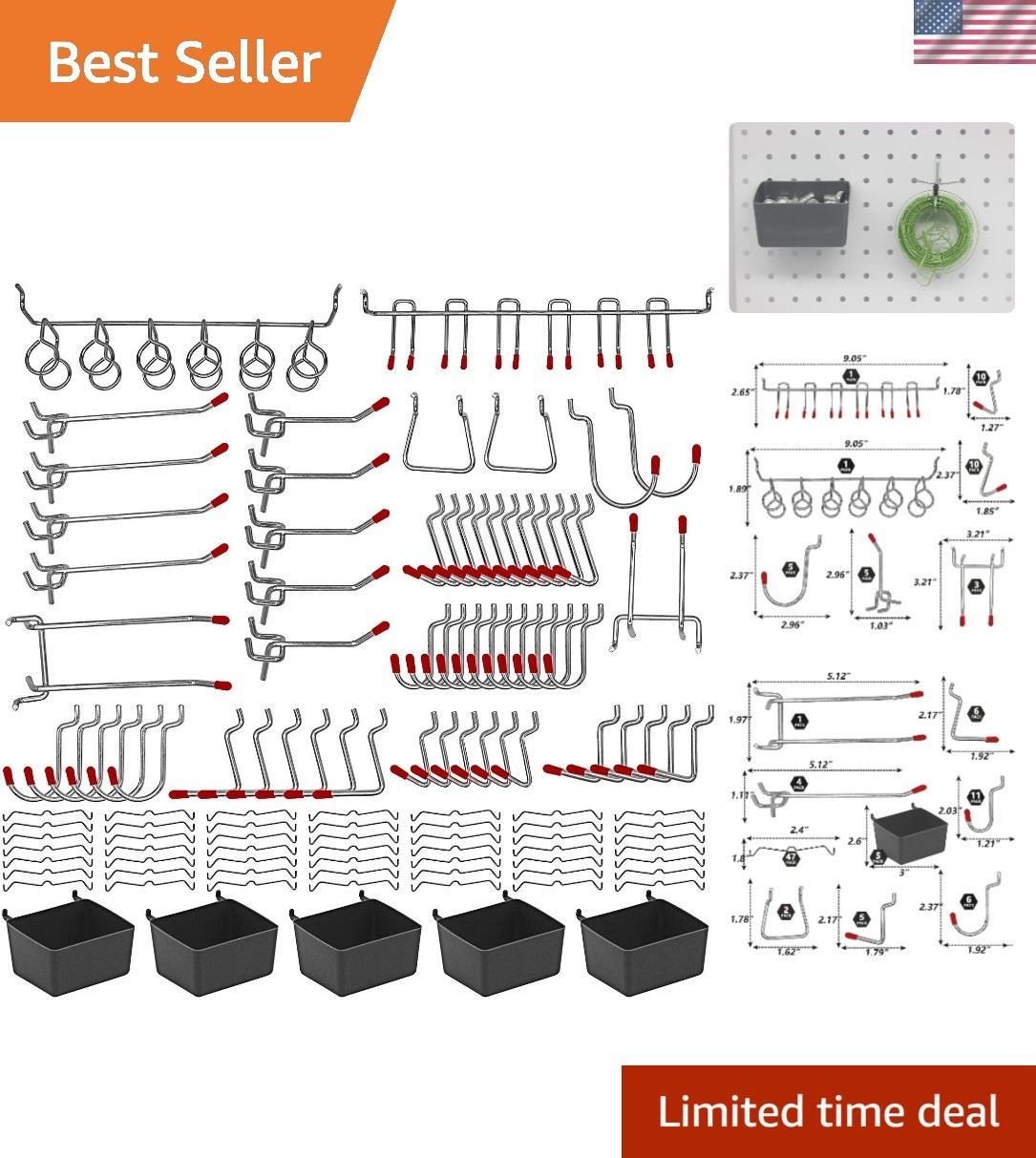 114-Piece Metal Pegboard Hooks & Bins Set for Ultimate Tool Organization