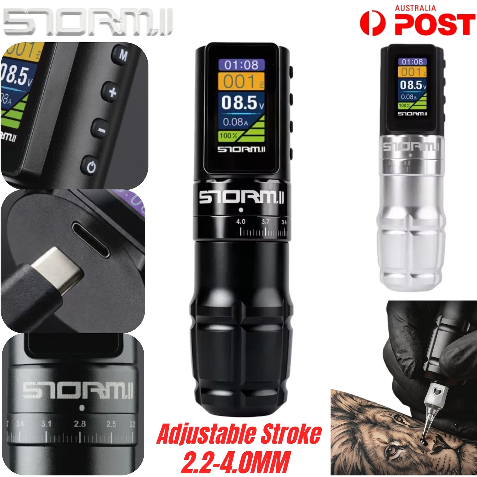 STORM.II Tattoo Machine Gun Pen Wireless Battery Rotary Motor Power Supply LCD