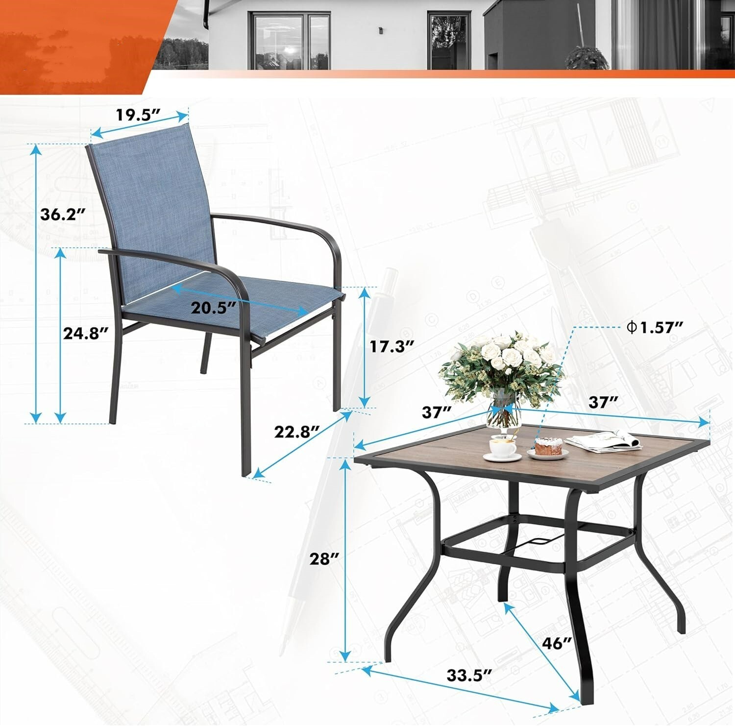 5 Piece Outdoor Dining Set Patio Table and Chairs with 1.57" Hole for Garden
