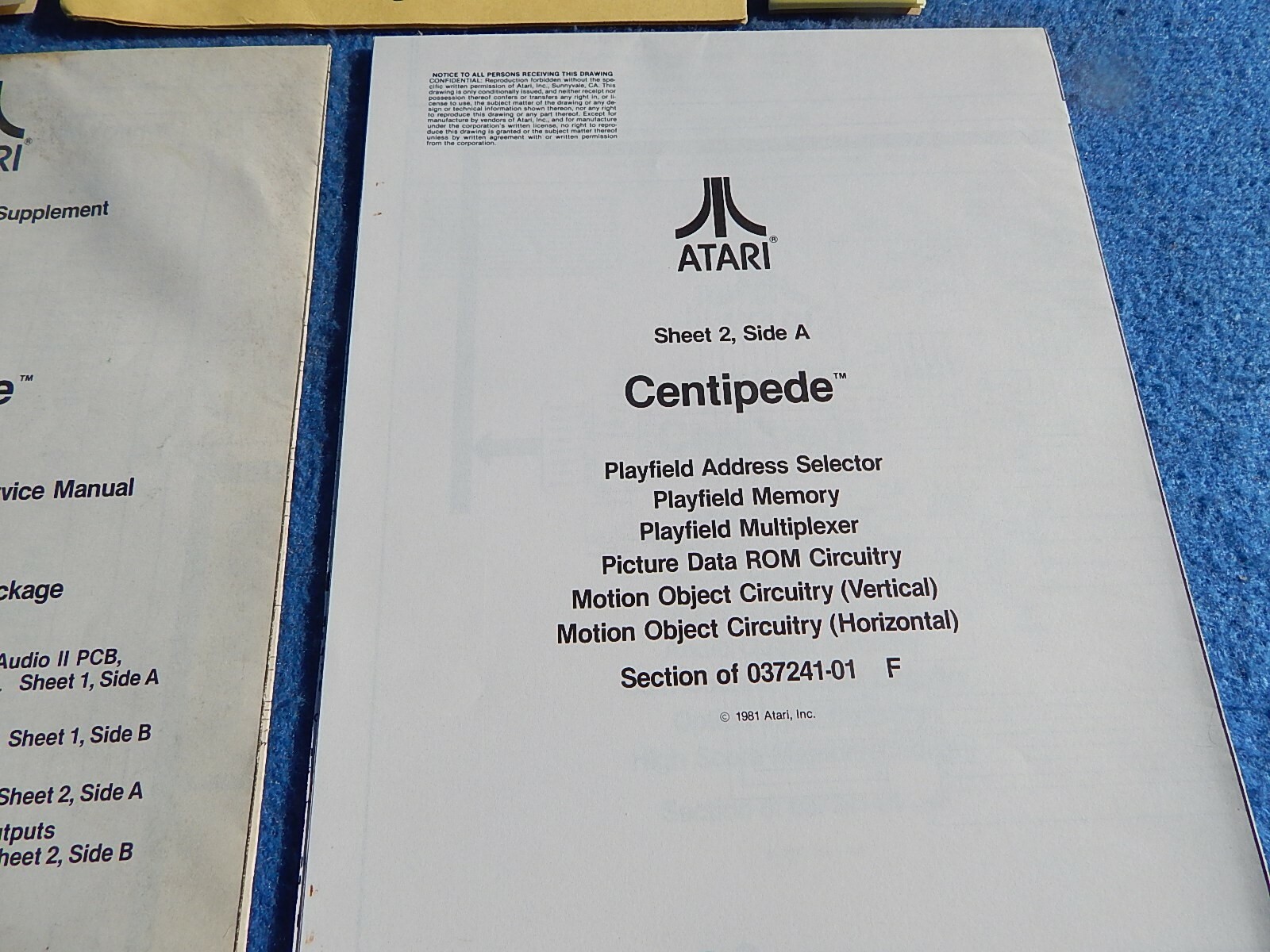 1981 Atari CENTIPEDE video game schematic package supplement to operators manual