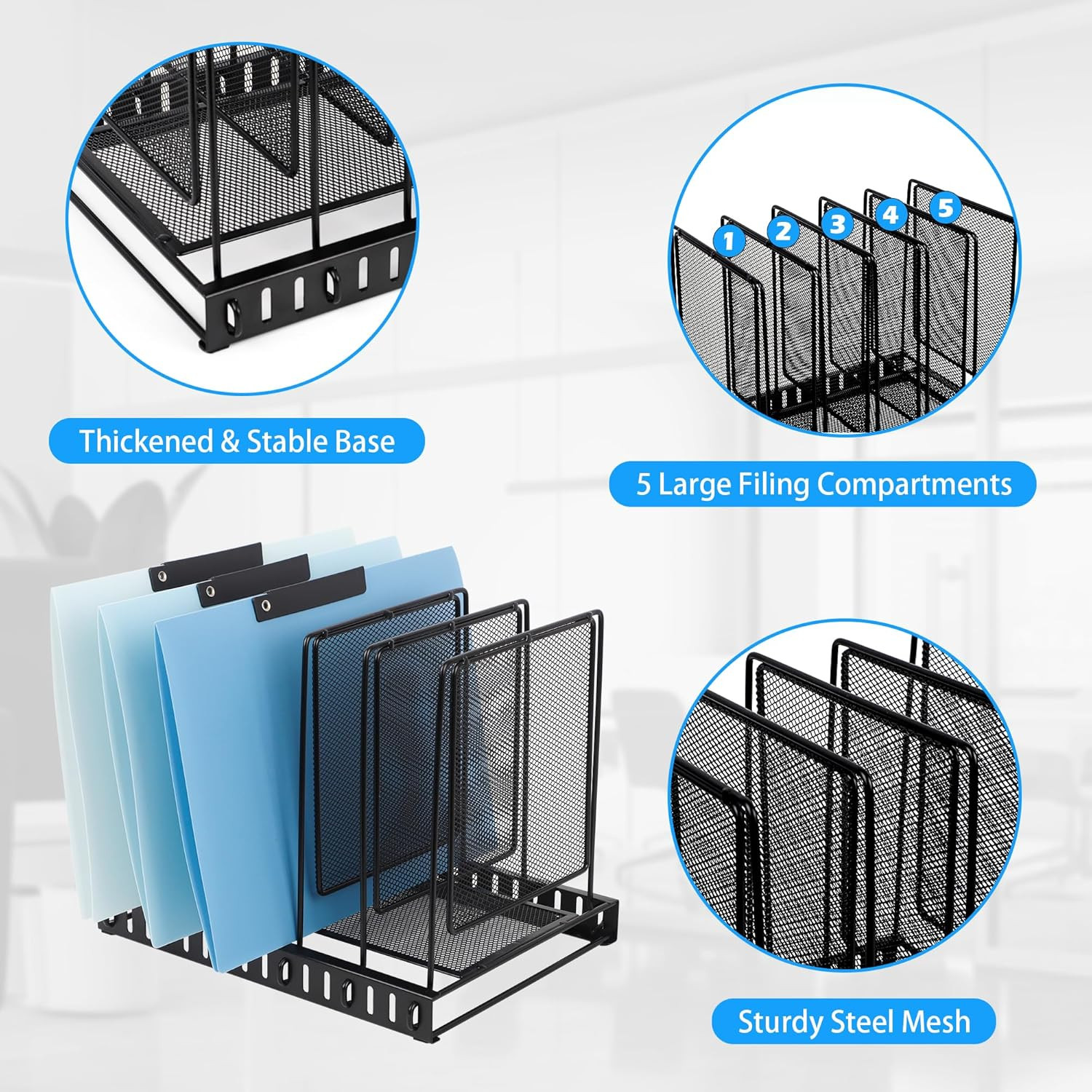 5 Section Vertical Metal Mesh Desk File Organizer, Spacing Adjustable Upright De