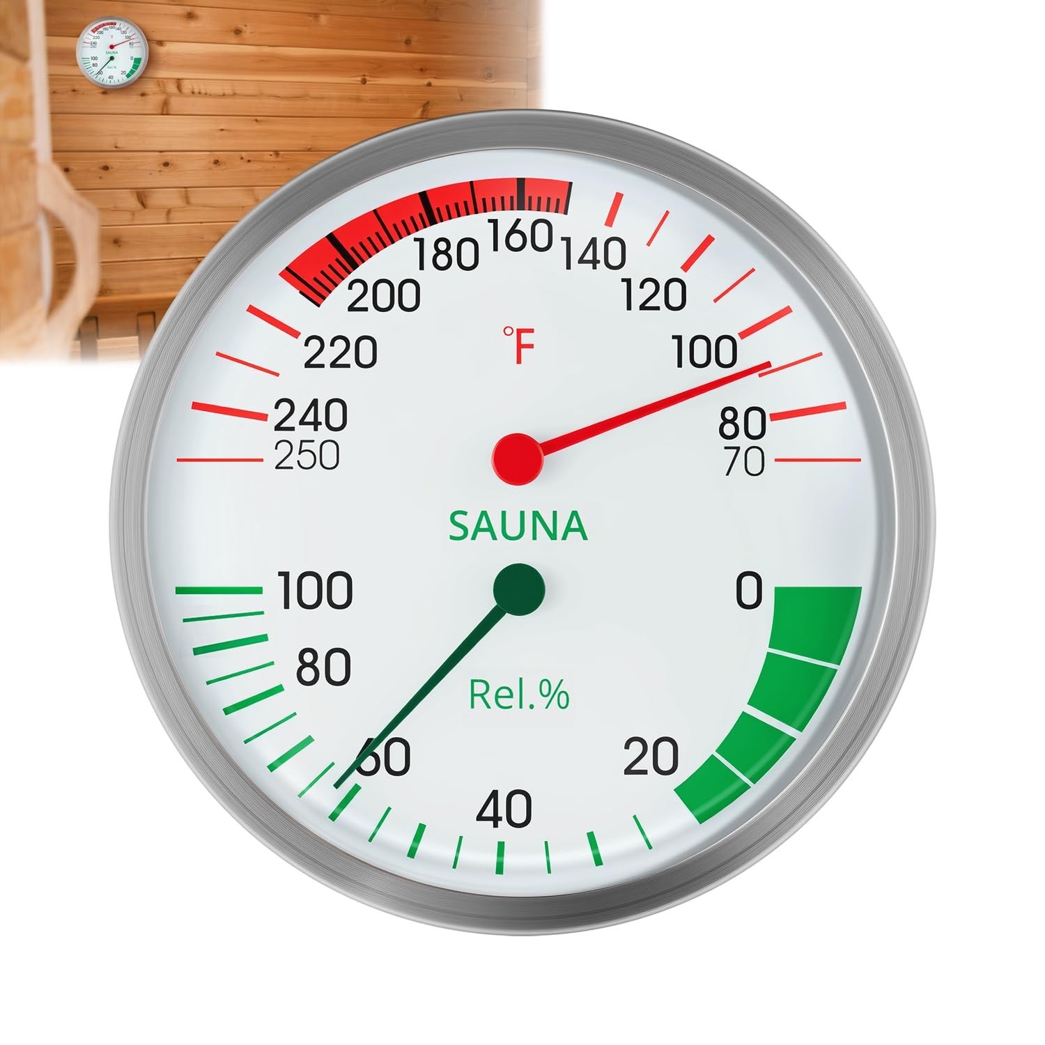 Stainless Steel Sauna Hygrometer Thermometer with Color-Coded Dial 5" Large D...