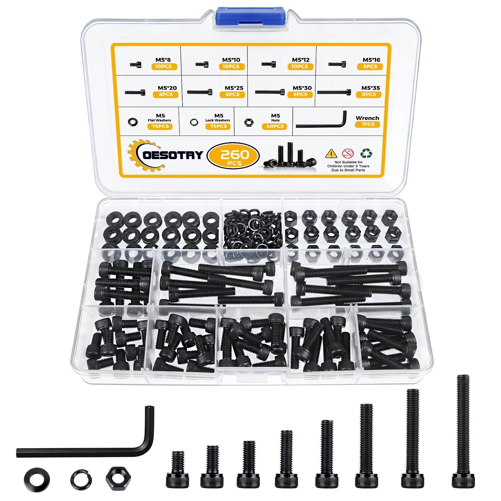 260 Pcs M5 Screw Kit, M5 Bolts Nuts Washers, 12.9 Alloy Steel Plated Hex Sock...