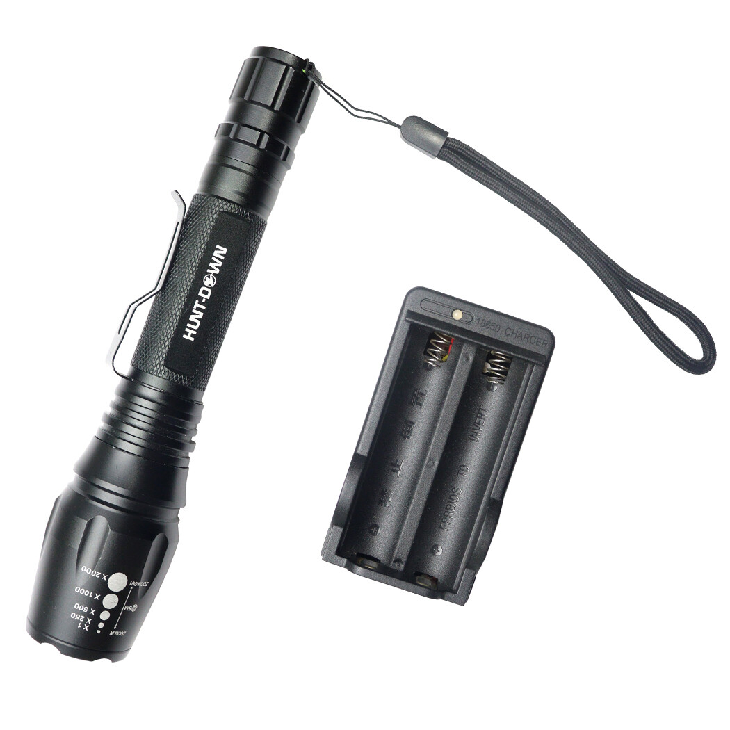 Hunt-Down 500LM Self-Defence Focus Flashlight + Charger + 2 Batteries