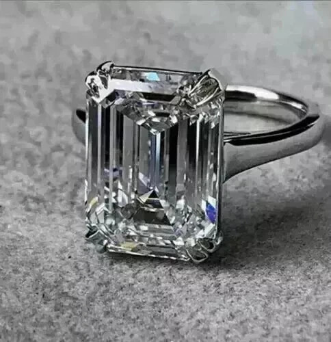 Real Moissanite 5Ct Emerald Cut Solitaire Engagement Ring 14K White Gold Platedd