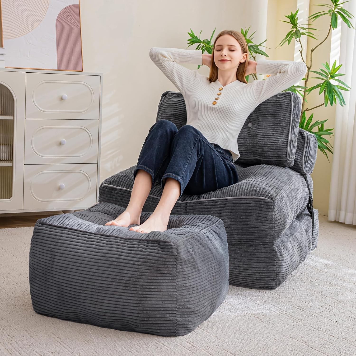 Square Stuffed Pouf Ottoman Corduroy Poufs with Foam Chunk Filling Living Room