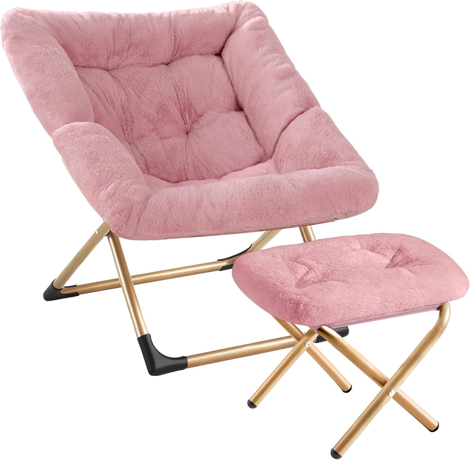 Foldable Oversized Reading Chair with Ottoman, Non-Slip Pad & Cozy Faux Fur