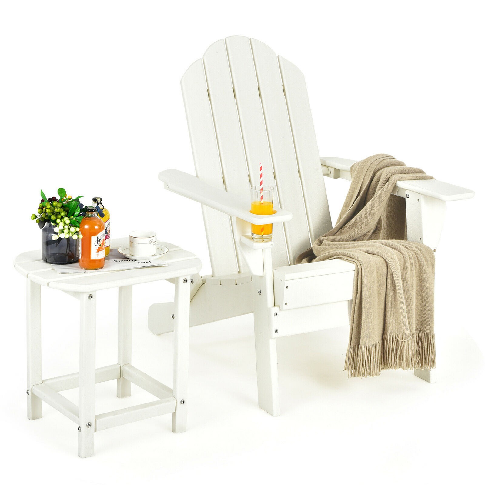 2PC Patio Folding Adirondack chair Side Table Cup Holder Poolside White
