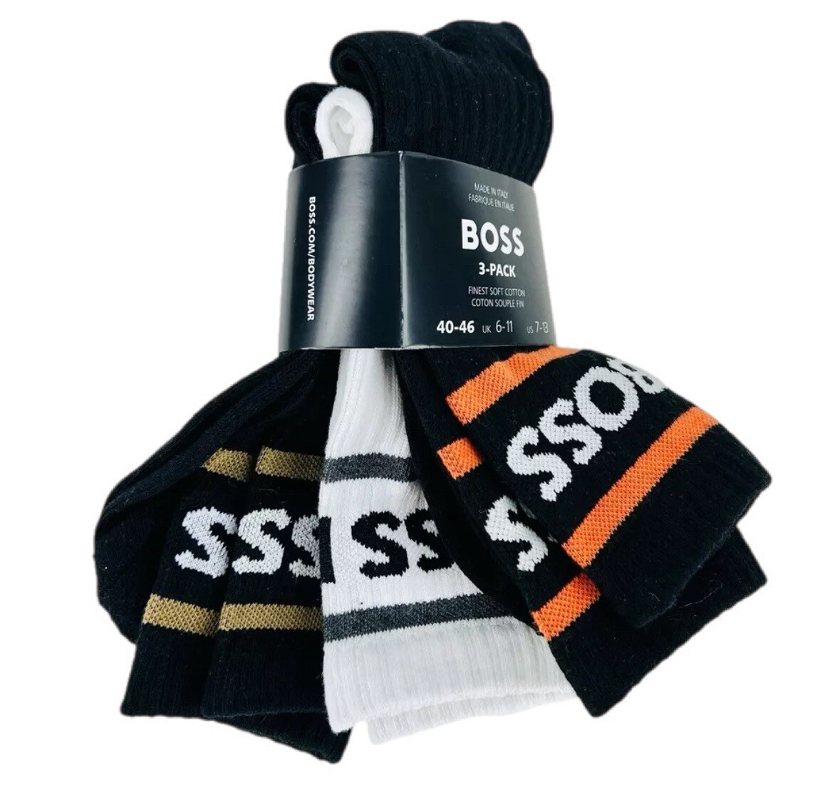 HUGO BOSS 3 Pairs Rib Stripe Crew Soft COTTON Logo Men's socks Made in Italy