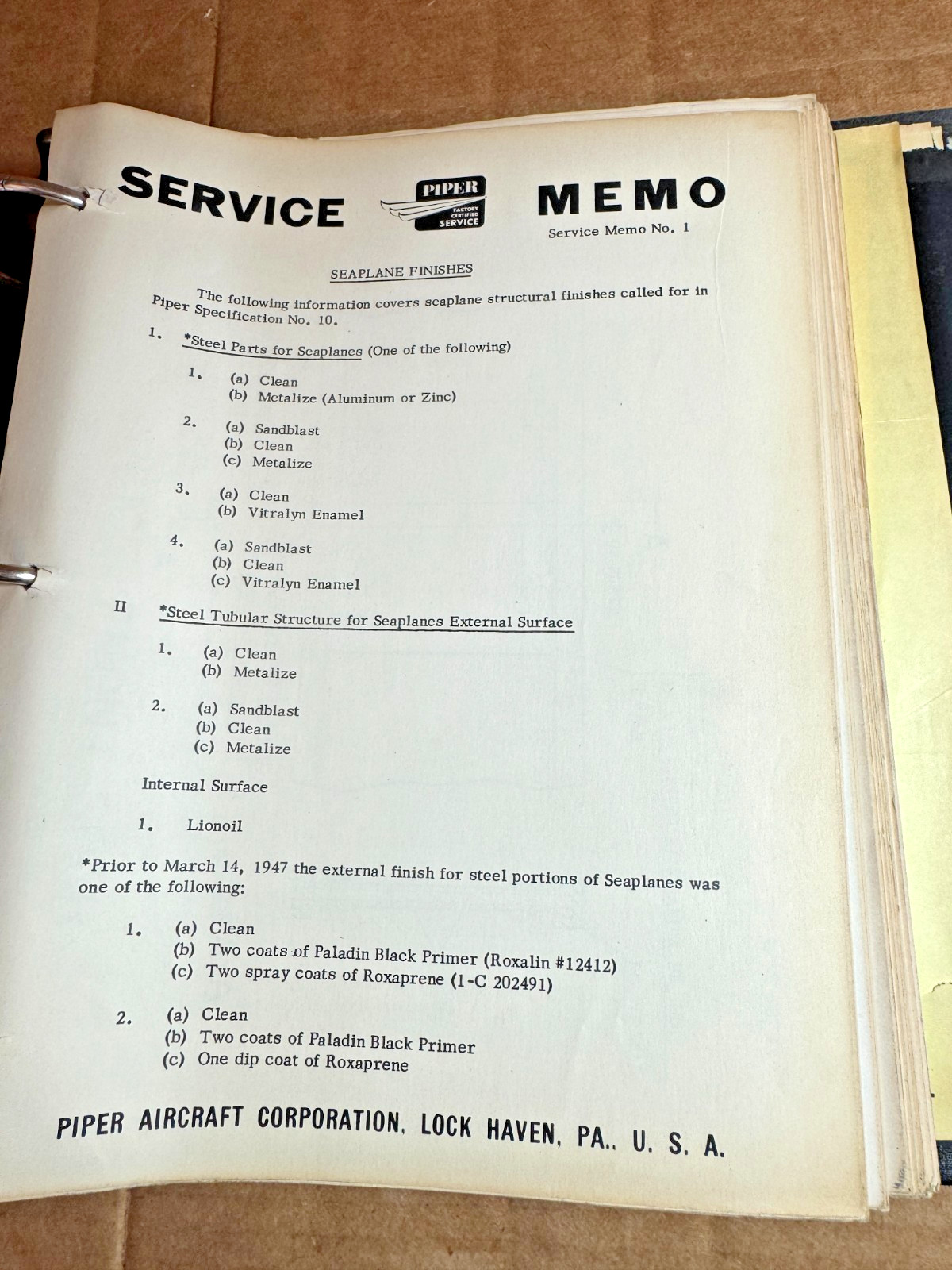Original Piper Service Memos for Fabric Aircraft and others up to 1963  RARE!