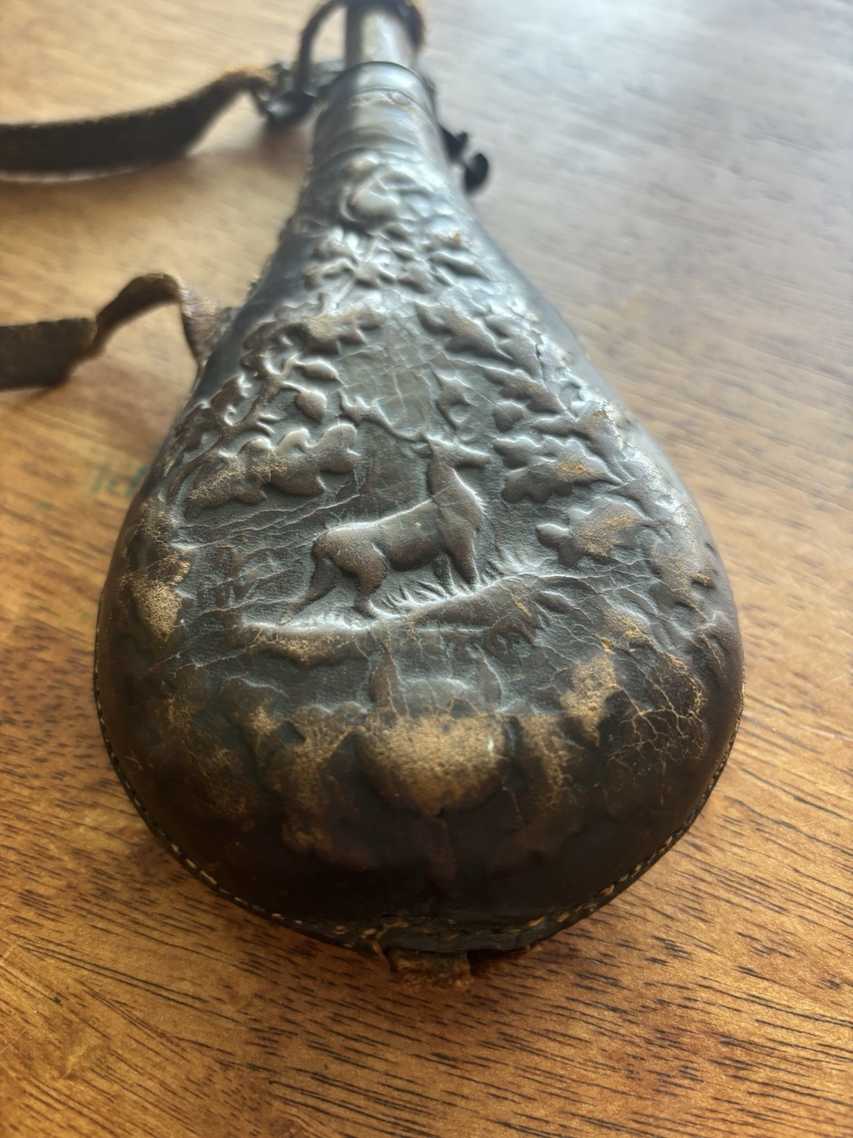 Vintage Muzzleloader Powder Flask w/ Embossed Deer Hunting Scene & Strap