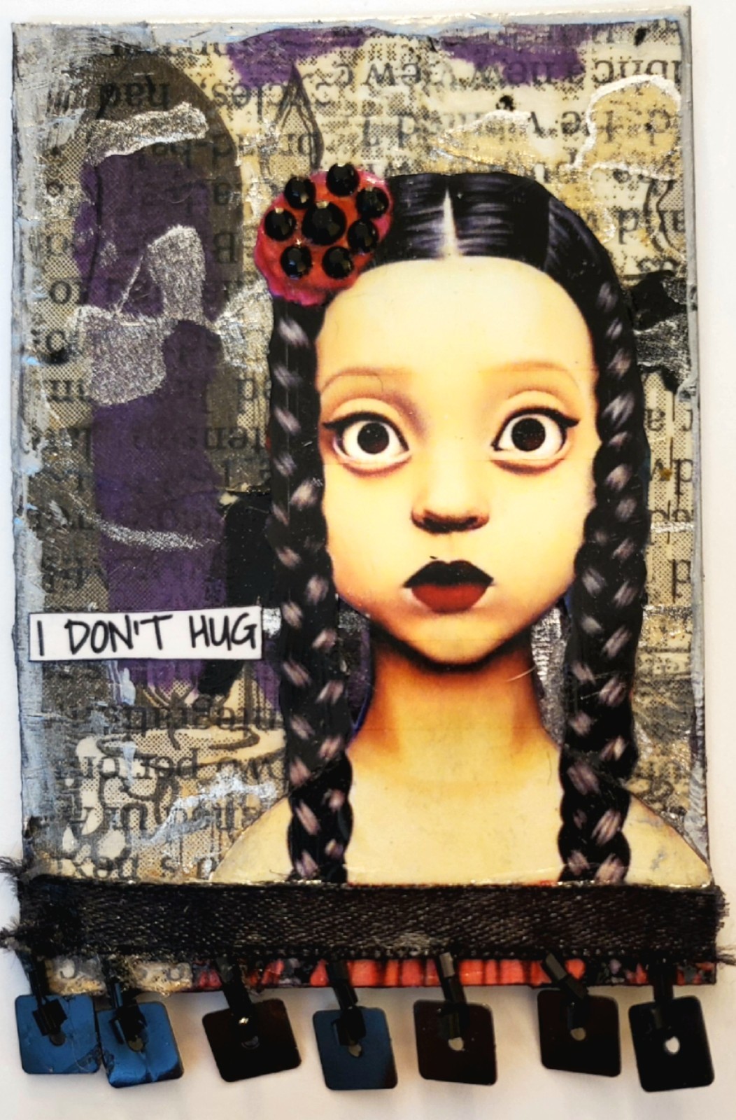 Mixed Media Collage Art Card ACEO ATC Wednesday Addams Inspired I Don't Hug