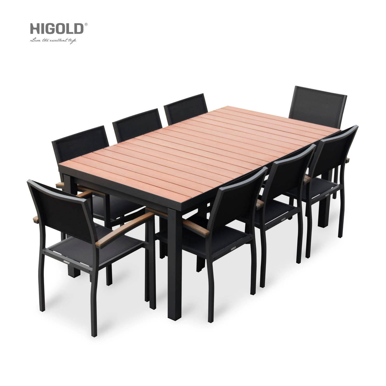 HIGOLD Carlo 8+1 pieces extendable Outdoor Dining set, Faux Wood Slats Tabletop