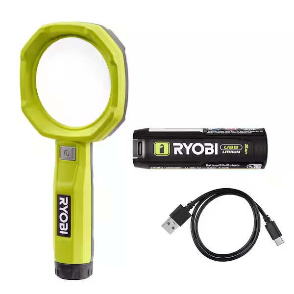 RYOBI Magnifying Light 200 Lumens USB Lithium Cordless 3X Zoom Kit 2Ah Battery