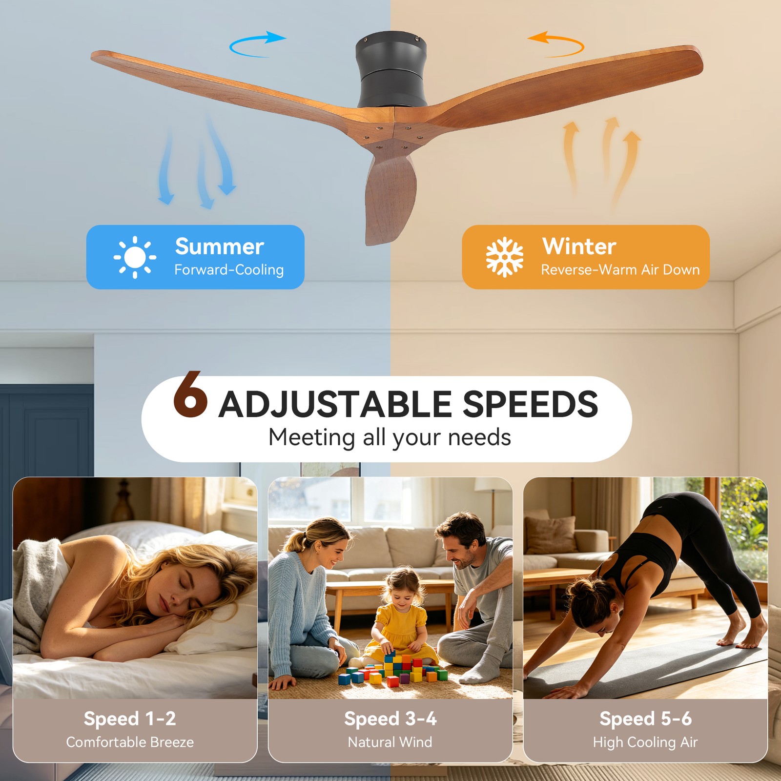 Outdoor Solid Wood Low Profile Flush Mount Ceiling Fan No Light Reversible DC
