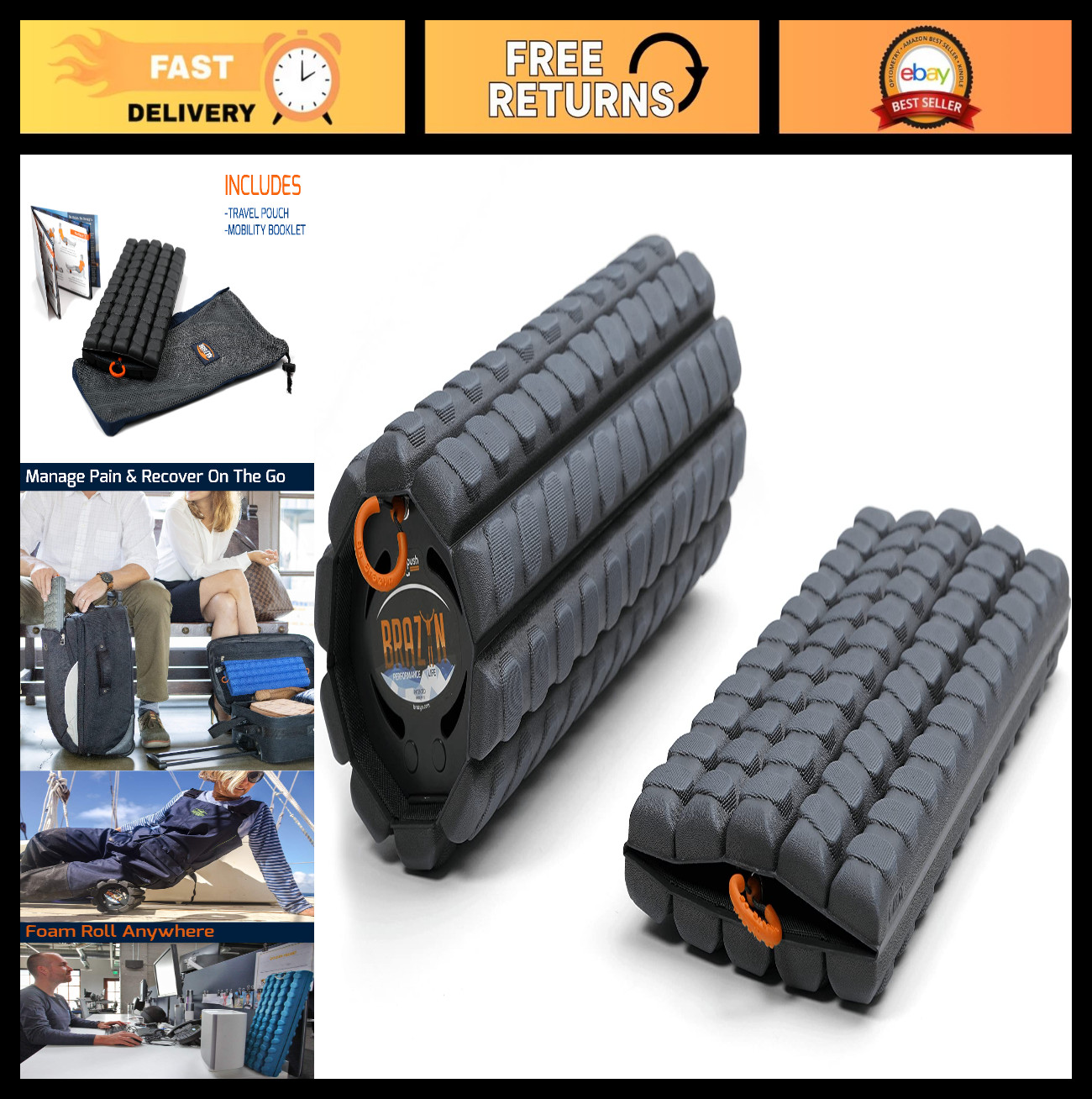 Collapsible Travel Foam Roller for Back Pain Relief & Muscle Recovery, Deep Tiss
