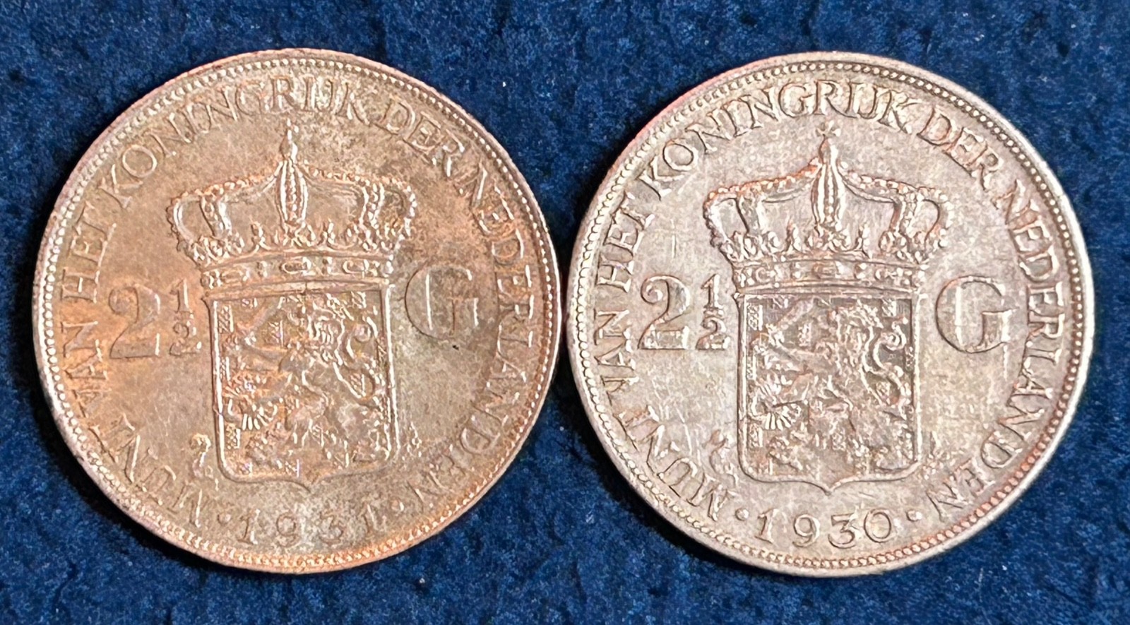 Lot of 2 Netherlands 2 1/2 Gulden 1930 1931 Wilhelmina Coin Silver Fineness .720