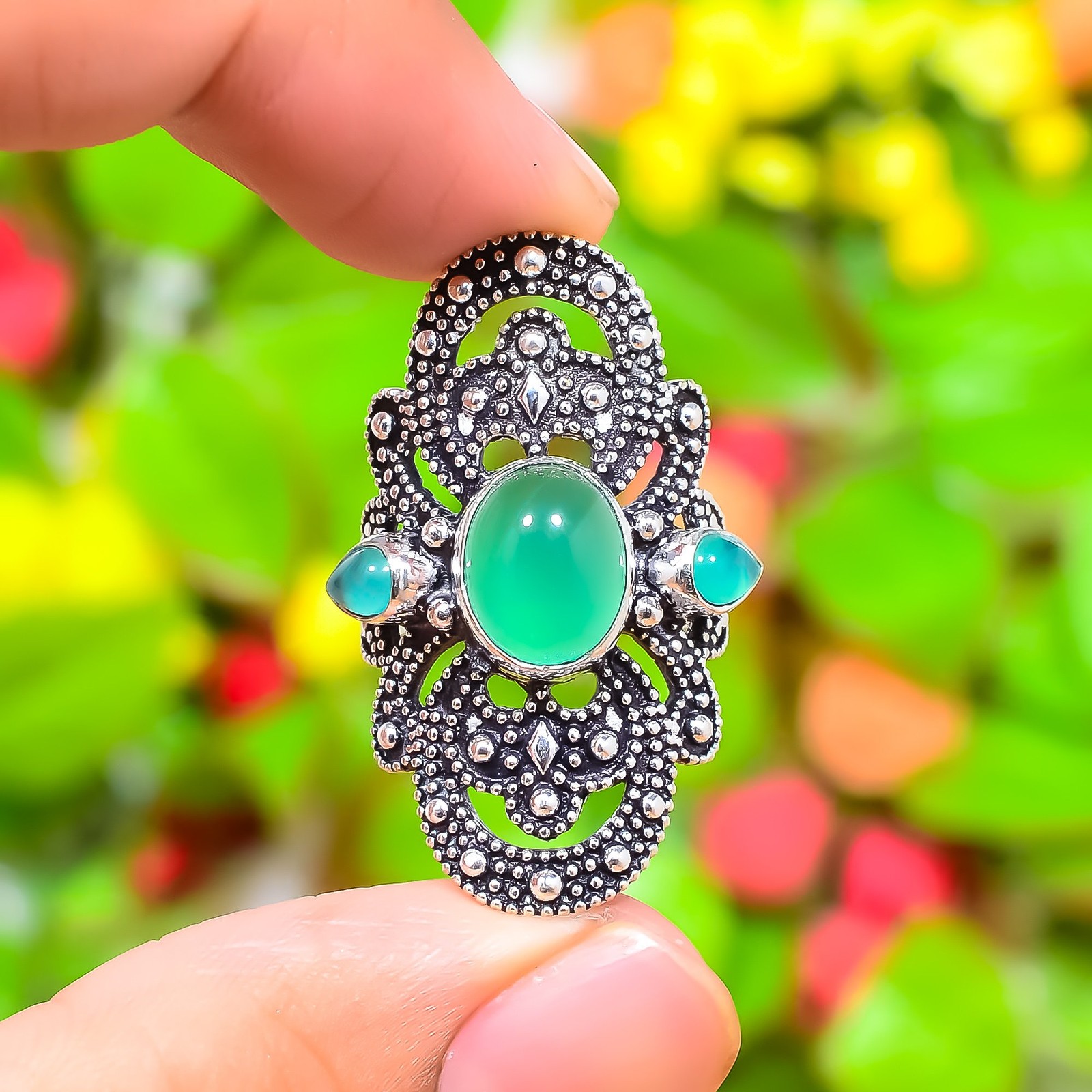 Natural Green Onyx Gemstone Handmade 925 Sterling Silver Ring Size 7 F899