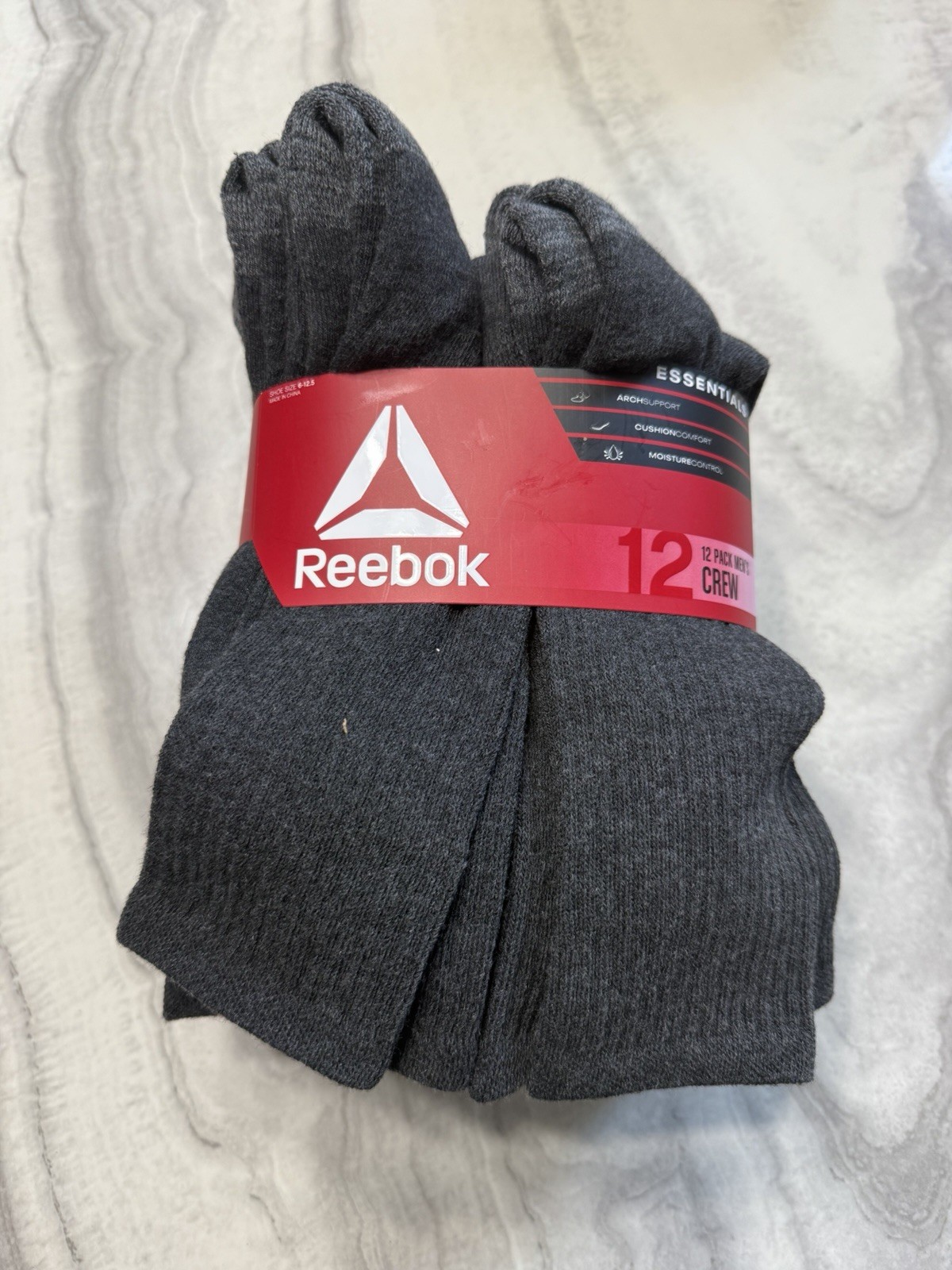 Reebok Men's Socks, Essentials Cushion Crew Socks, 12-Pack, Sizes 10-13