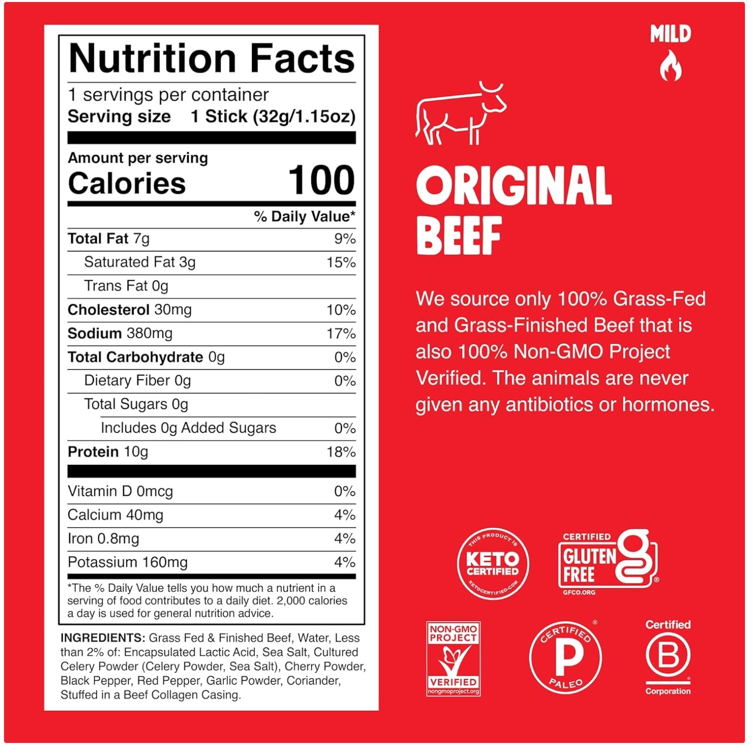 Paleo Beef Jerky Sticks 24-Pack, Grass-Fed, 10g Protein