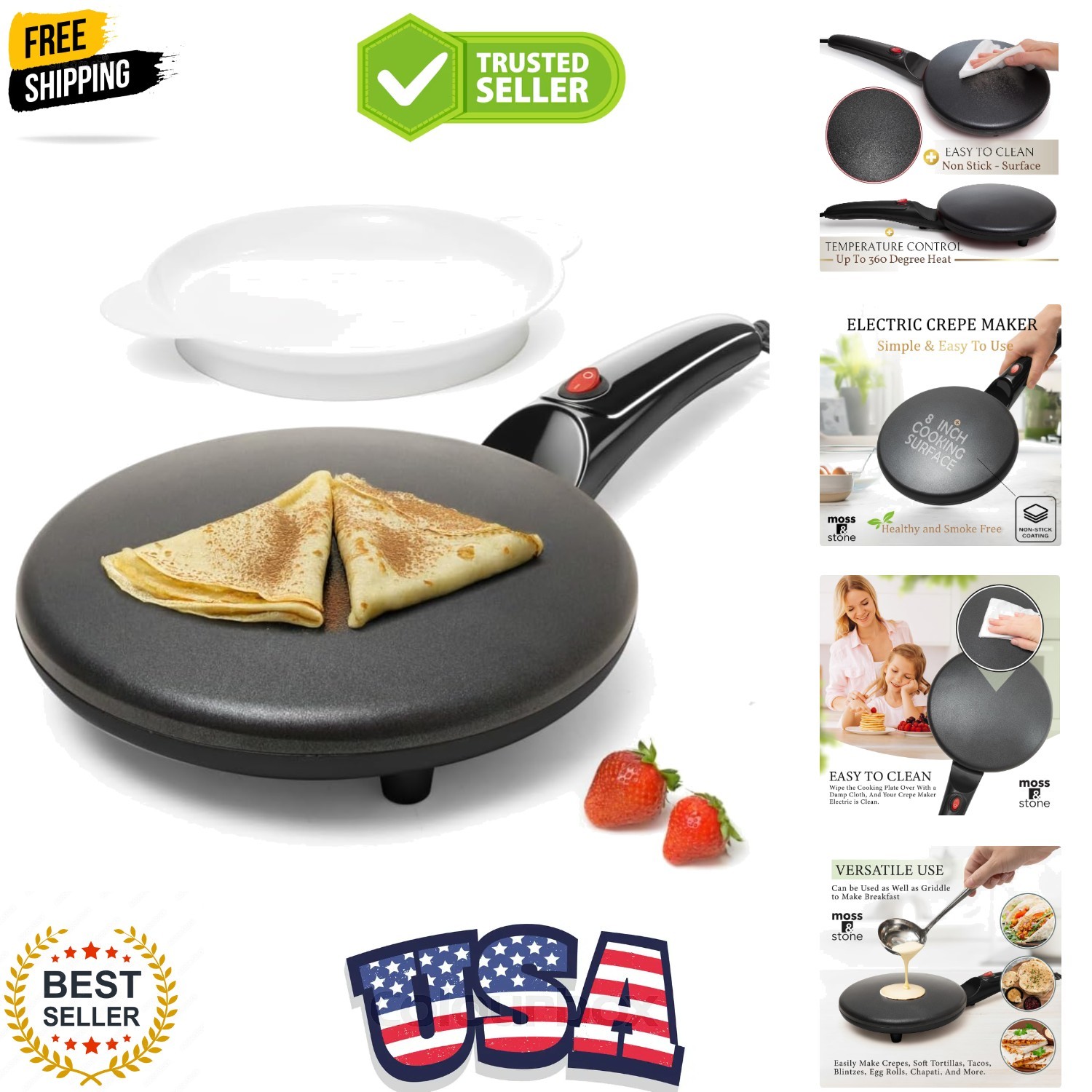 Electric Crepe Maker – 8” Portable Crepe Pan Nonstick with Dipping Plate, Aut...